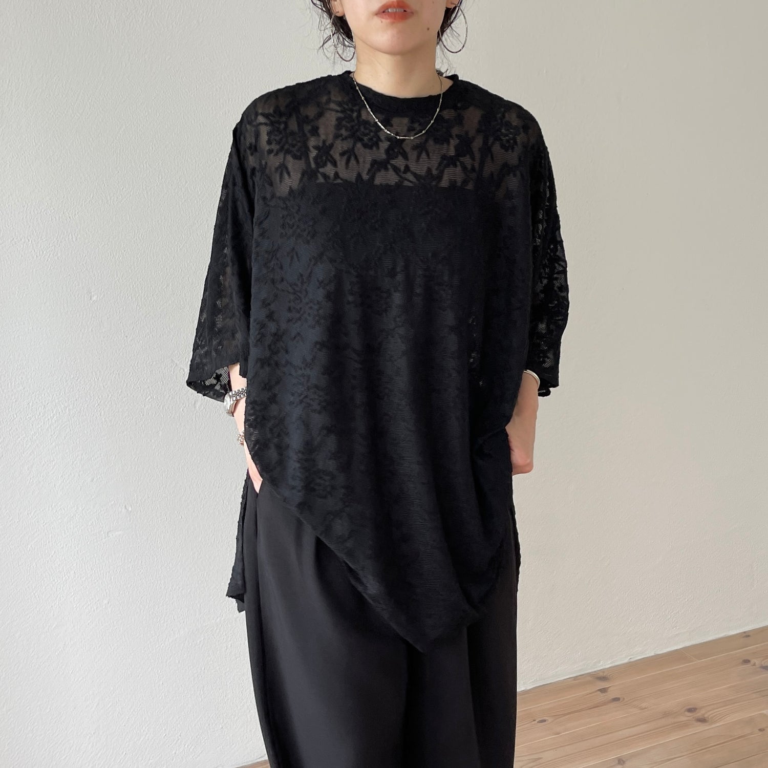 2way dolman lace sheer tee / black