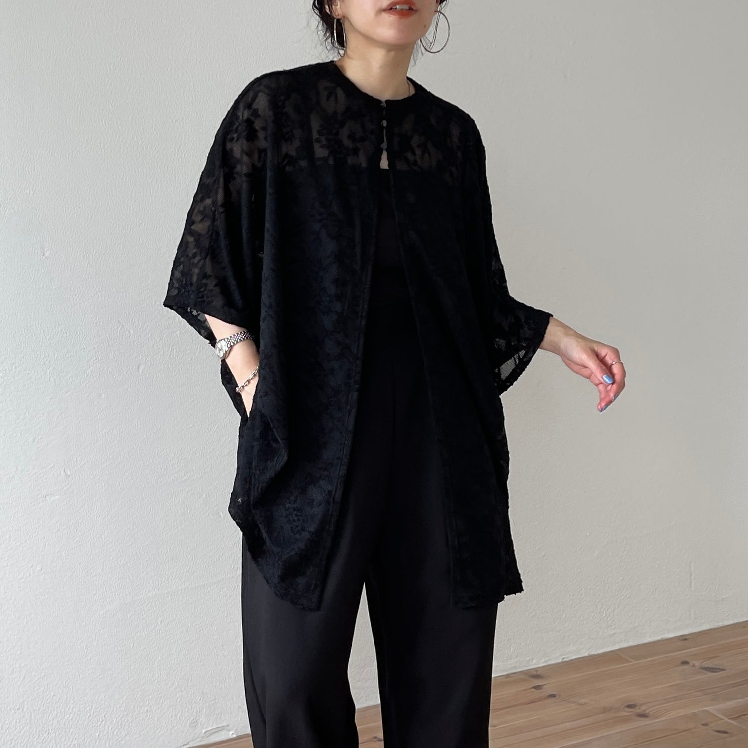 2way dolman lace sheer tee / black