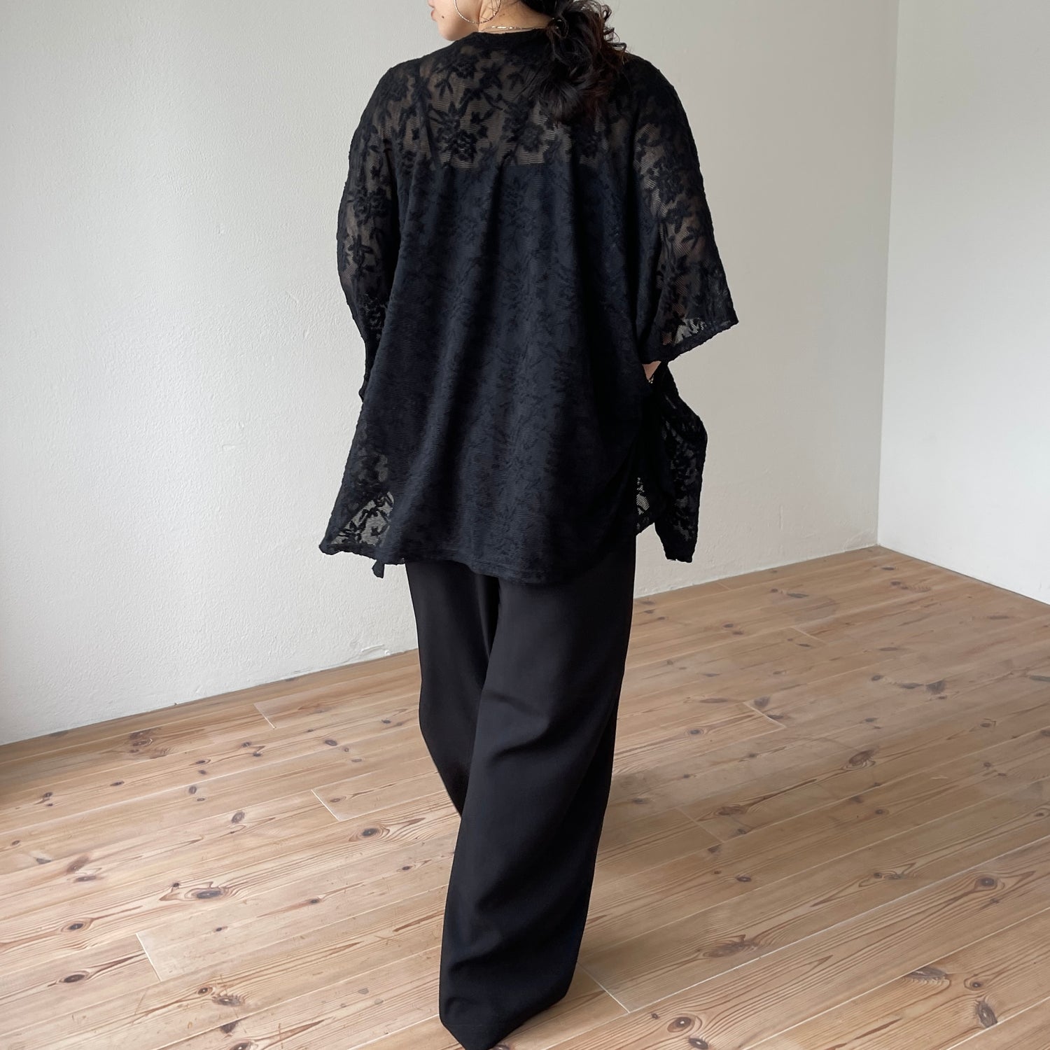 2way dolman lace sheer tee / black