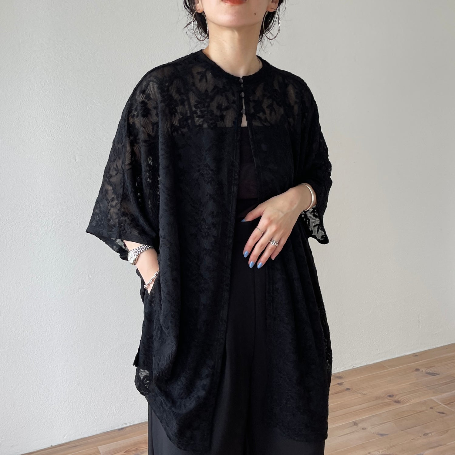 2way dolman lace sheer tee / black