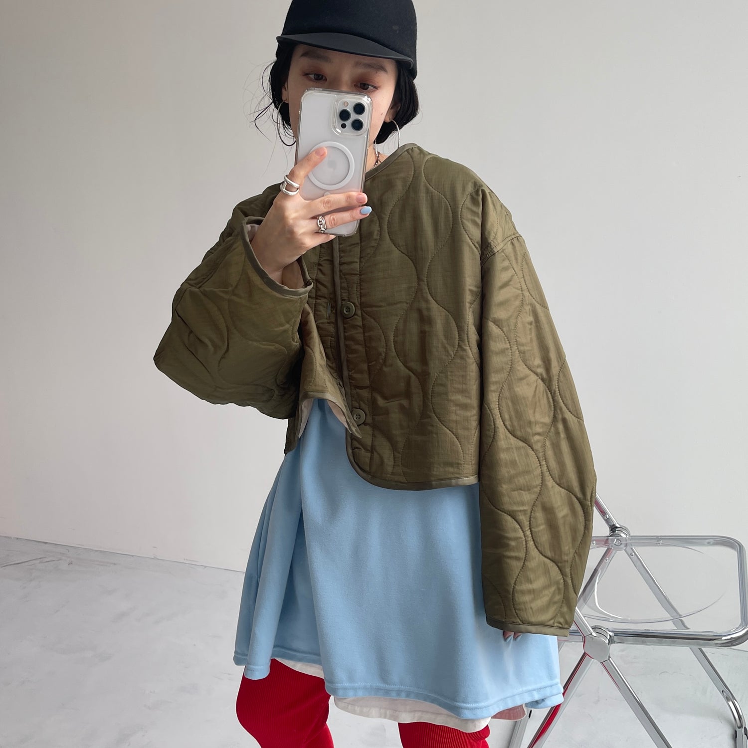over size quilting liner jacket / khaki [SHORT or FREE]