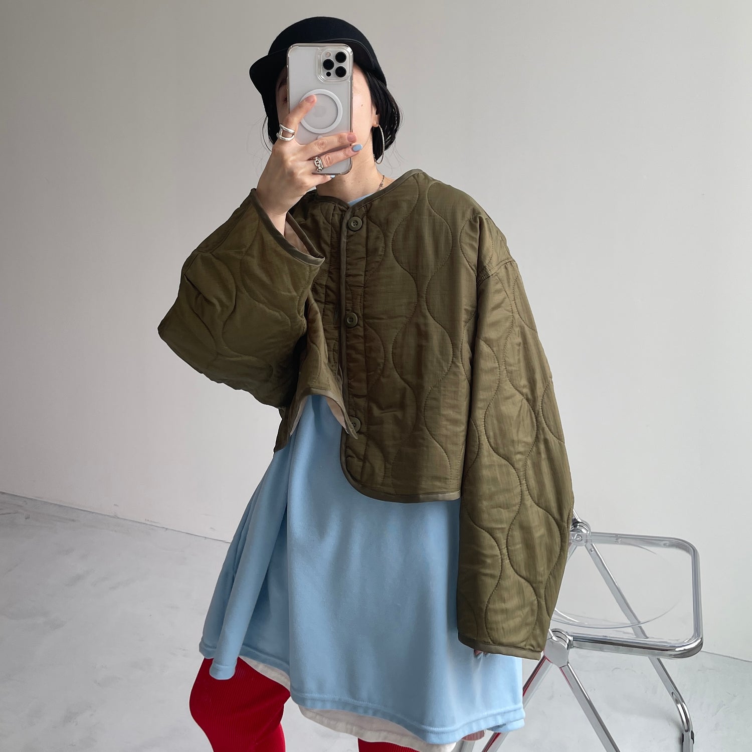 over size quilting liner jacket / khaki [SHORT or FREE]