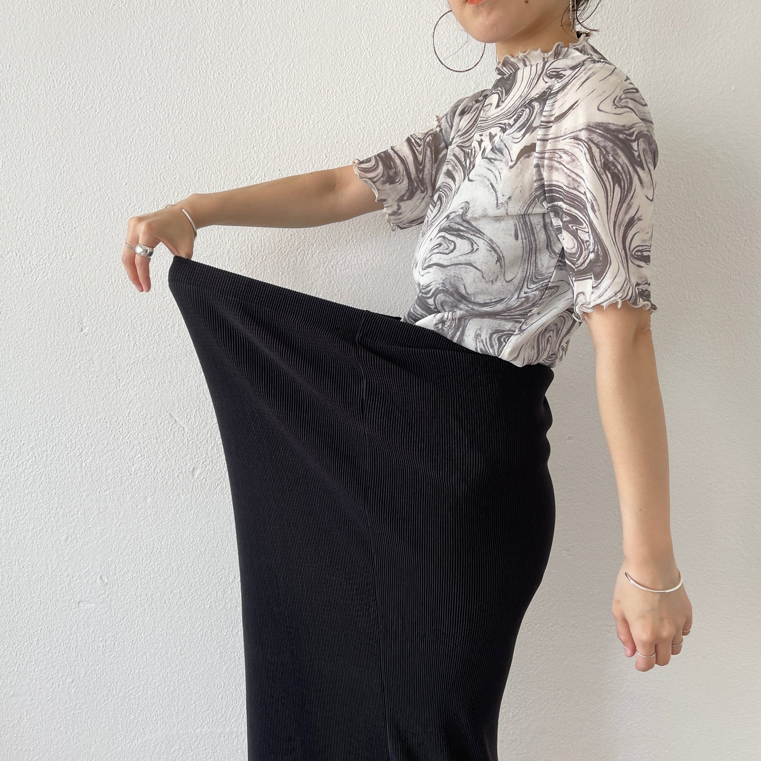 daily daily super stretch pleats skirt / black [スーパーロング再入荷]