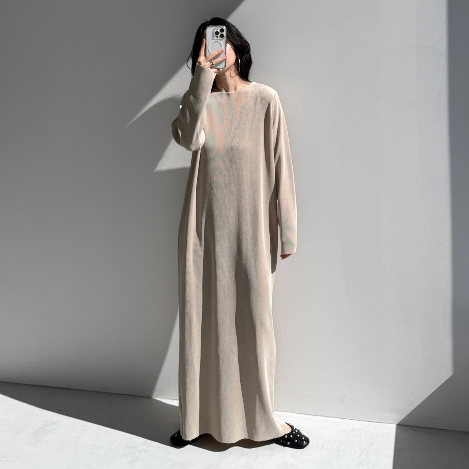 daily daily super stretch crew neck pleats one piece / ivory [FREE or LONG]クルーネック