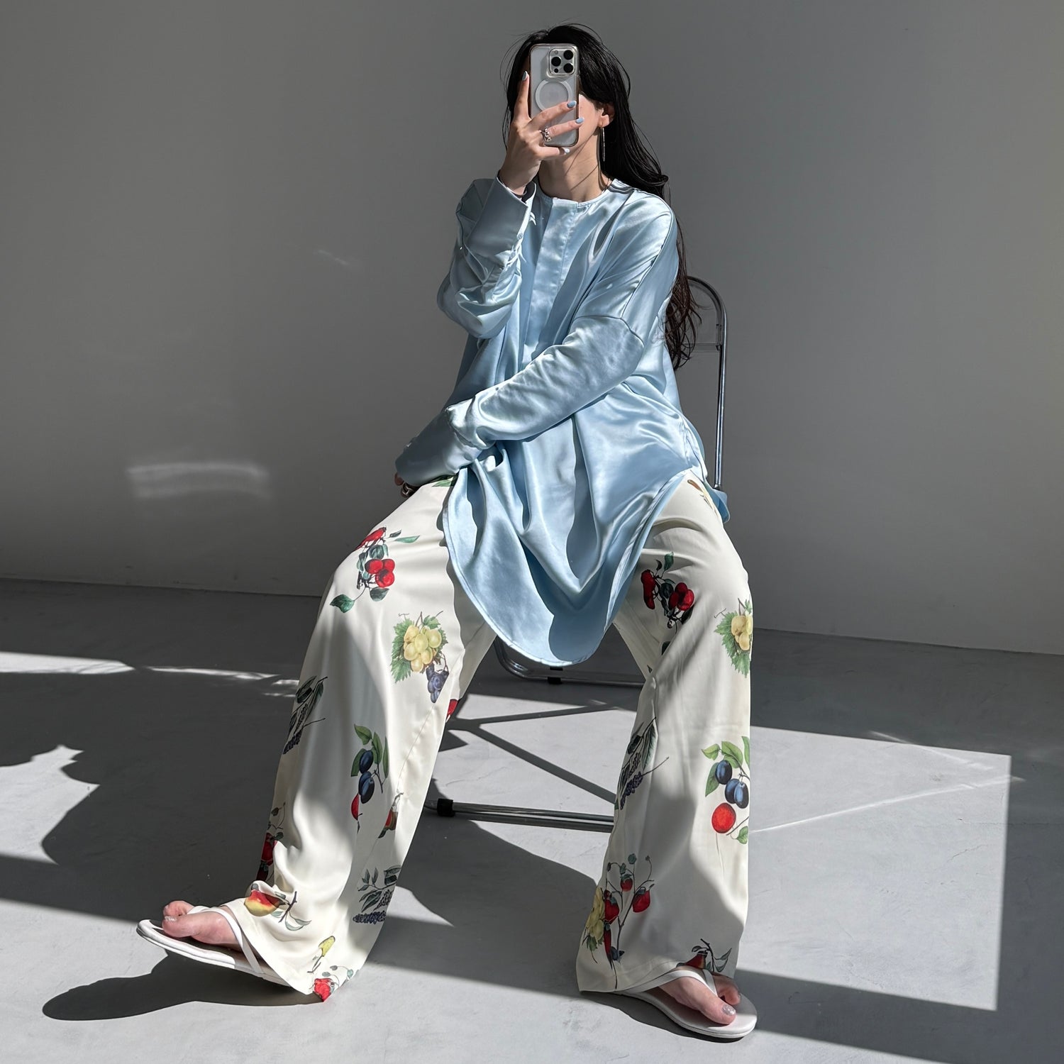 over size no collar mannish satin shirt / light blue