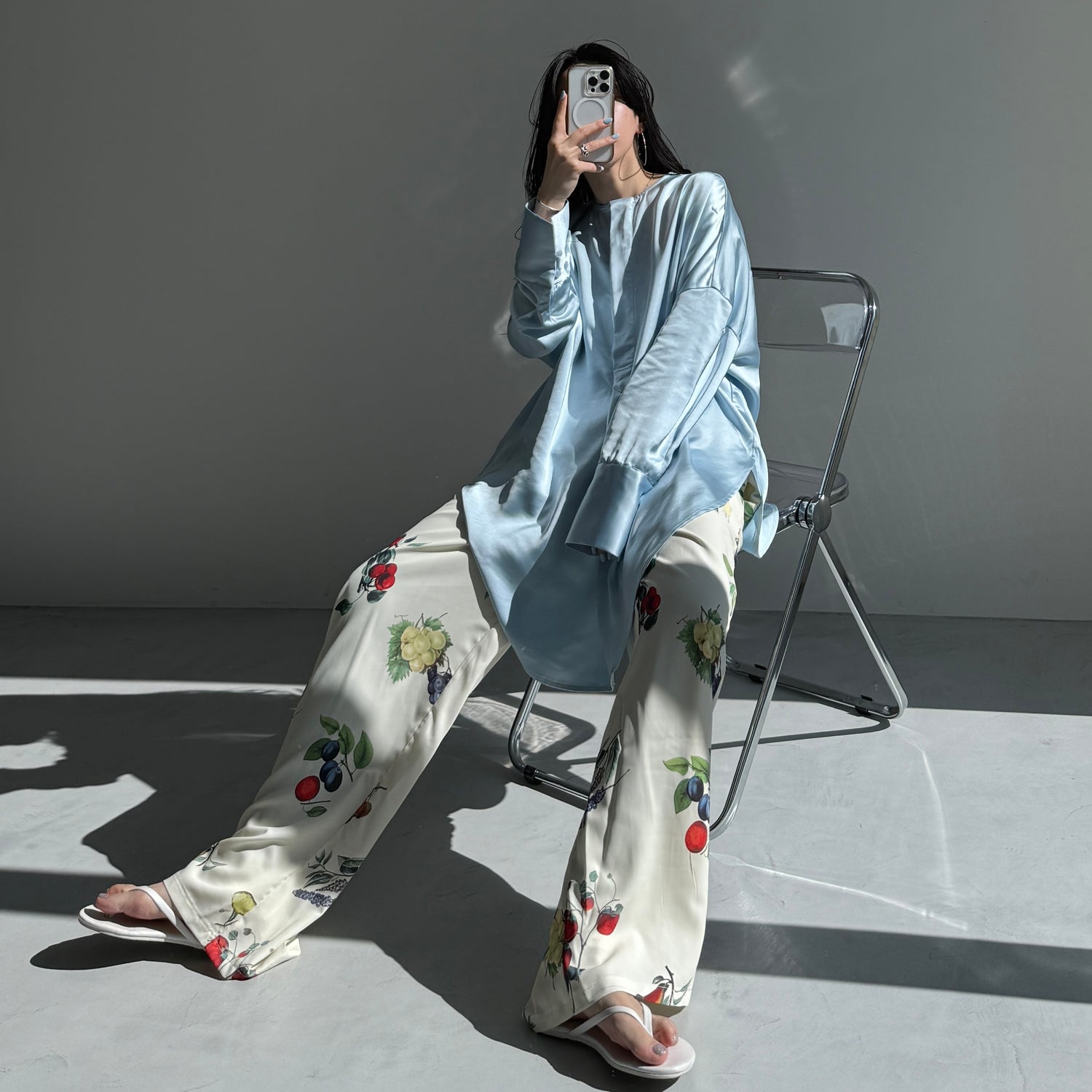 over size no collar mannish satin shirt / light blue