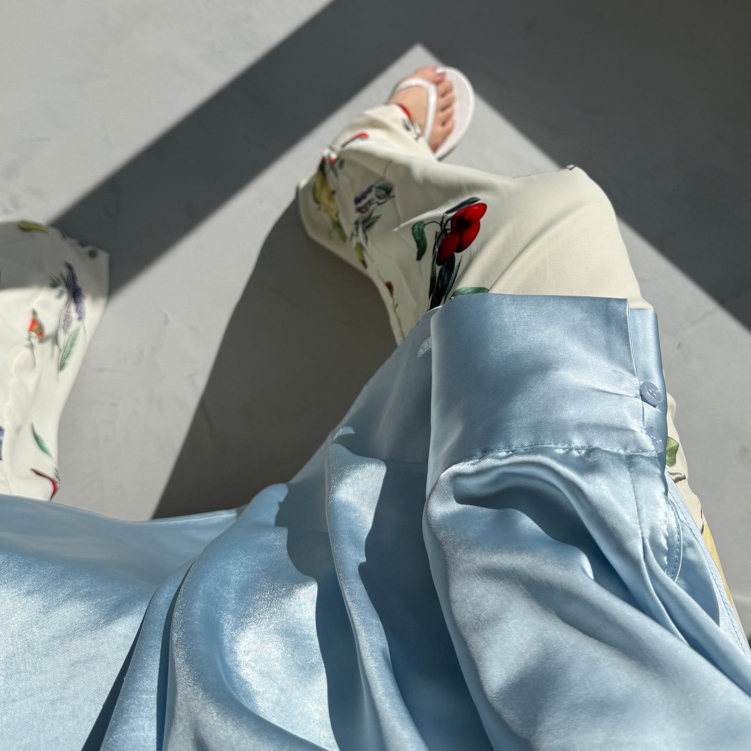 over size no collar mannish satin shirt / light blue