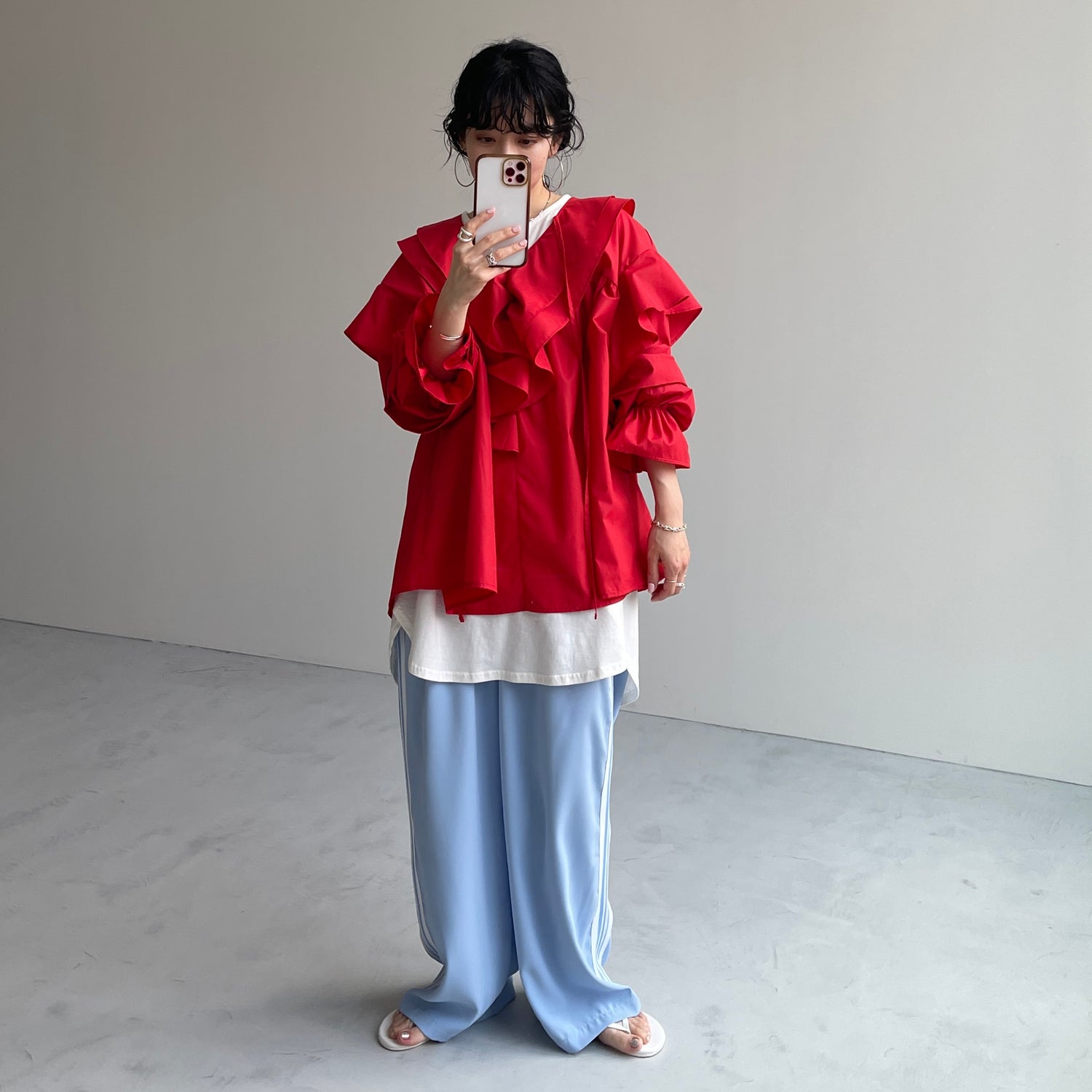 big collar frill blouse / red