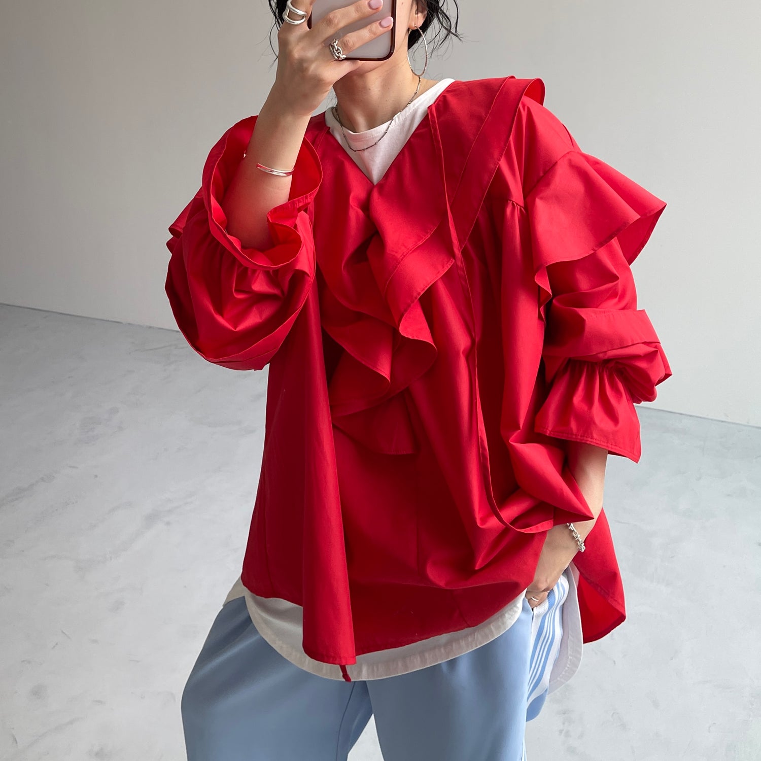 big collar frill blouse / red