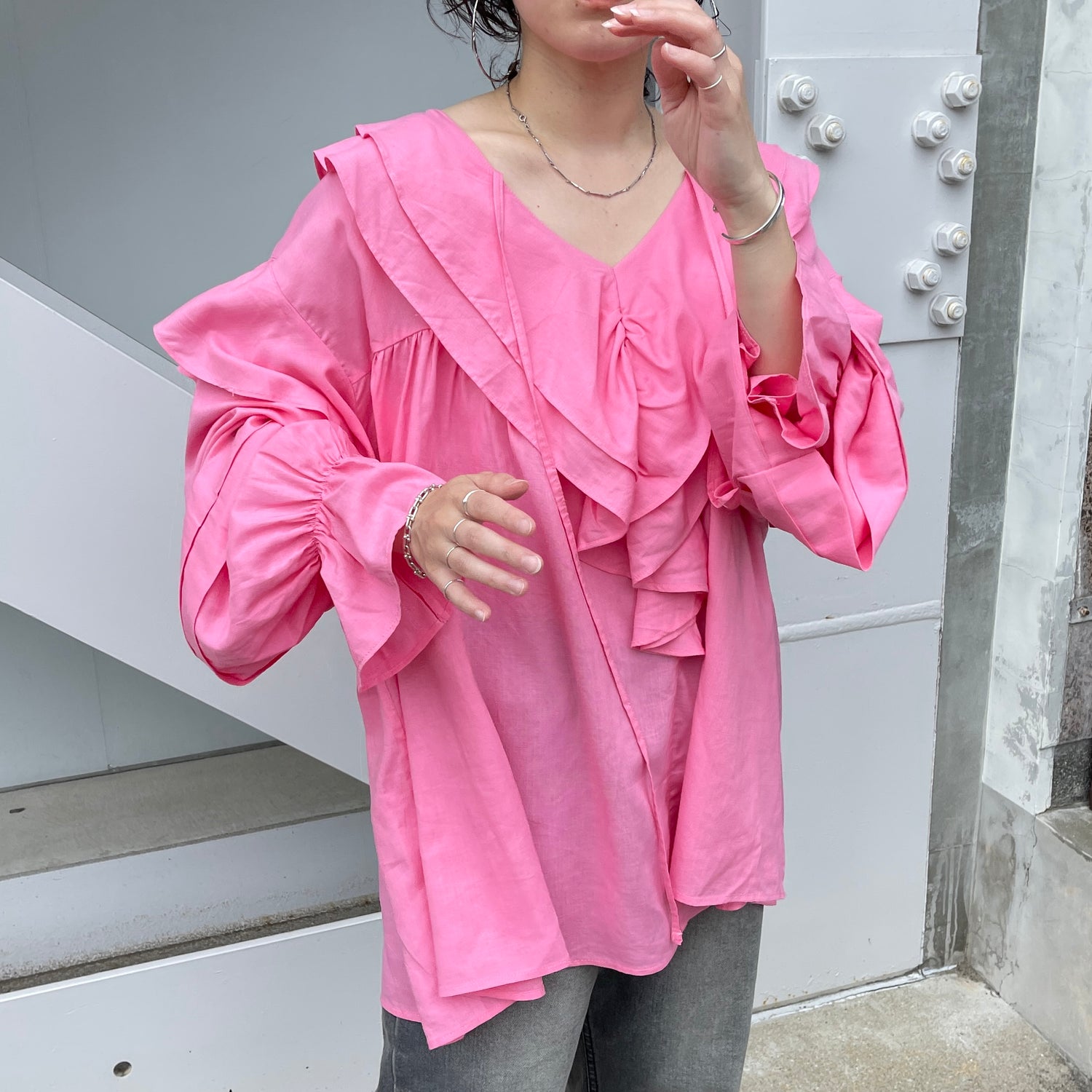 big collar frill blouse / linen pink