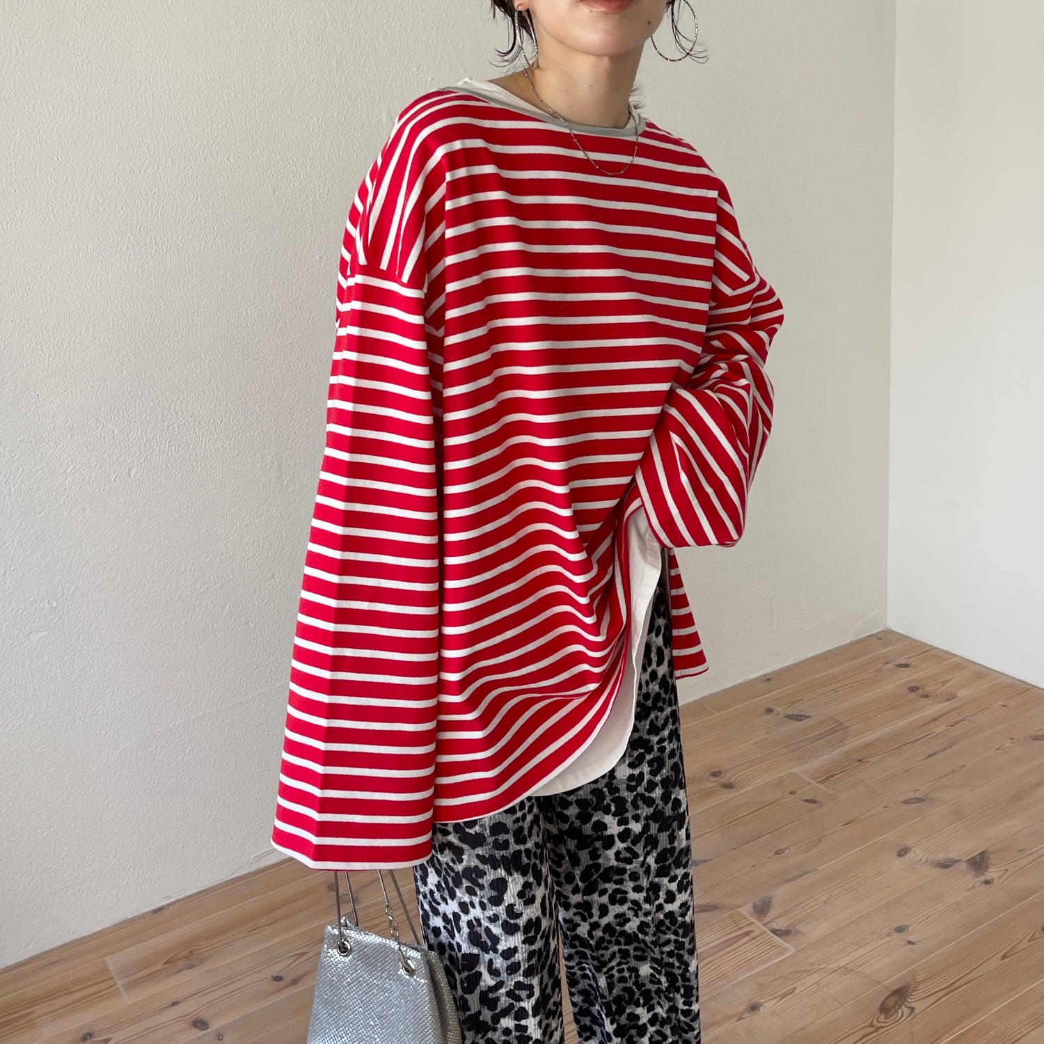 wide sleeve over size border tee / red