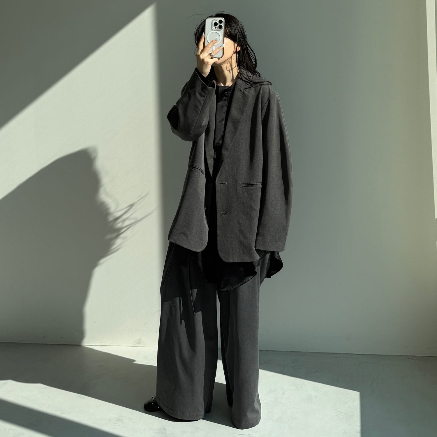 over size no collar mannish satin shirt / black