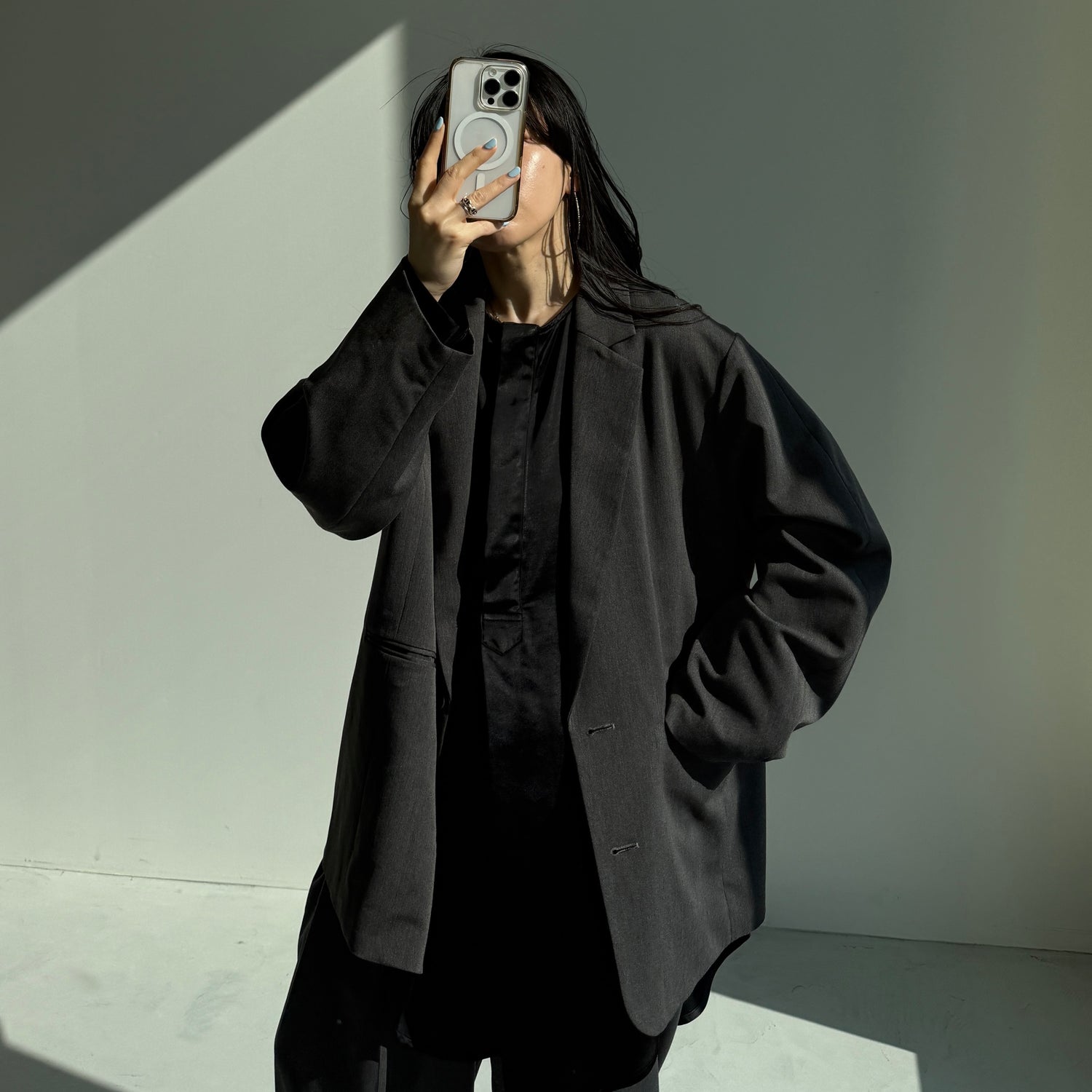 over size no collar mannish satin shirt / black