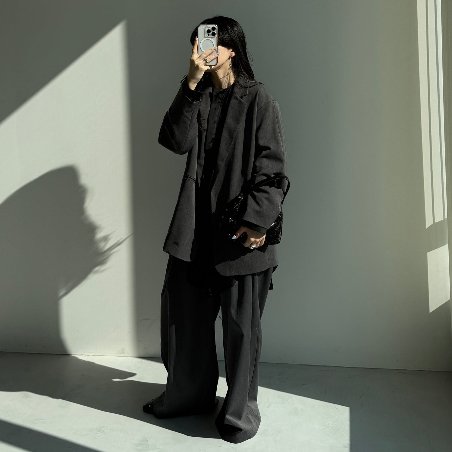 over size no collar mannish satin shirt / black