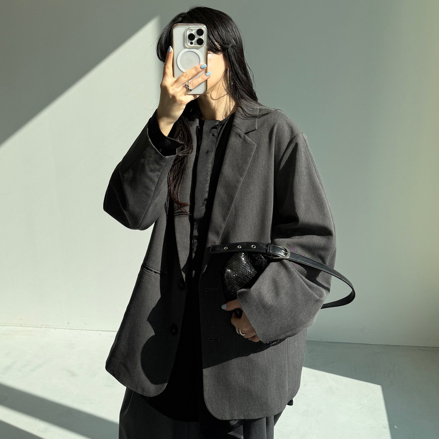 over size no collar mannish satin shirt / black