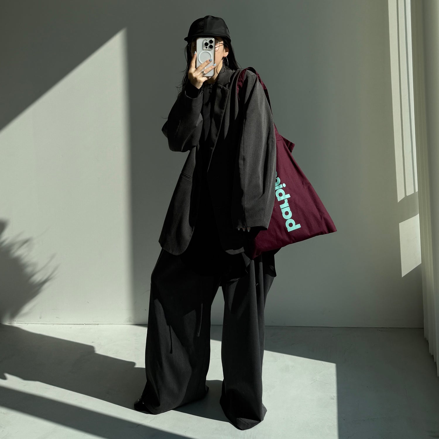 over size no collar mannish satin shirt / black