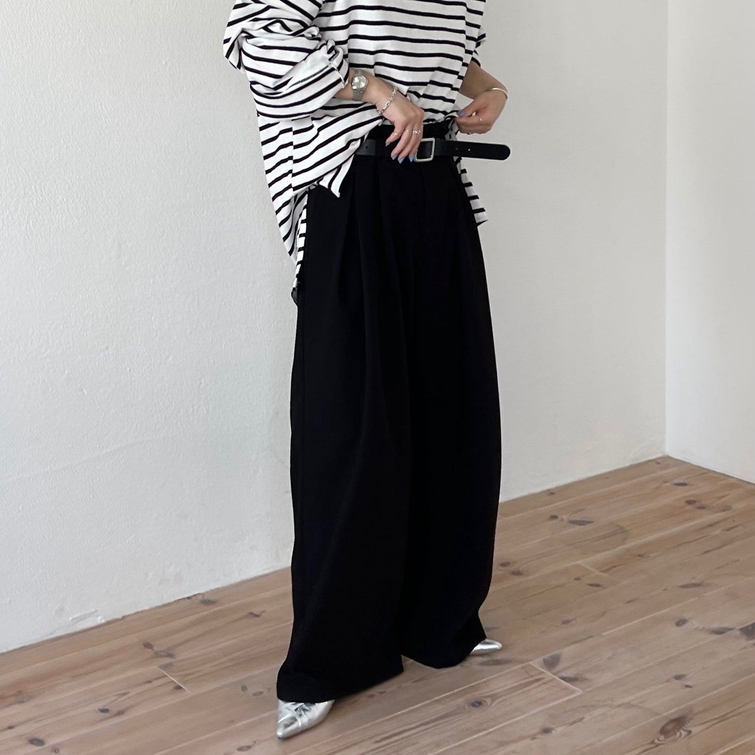 【2点SET】tuck wide curve pants  / black