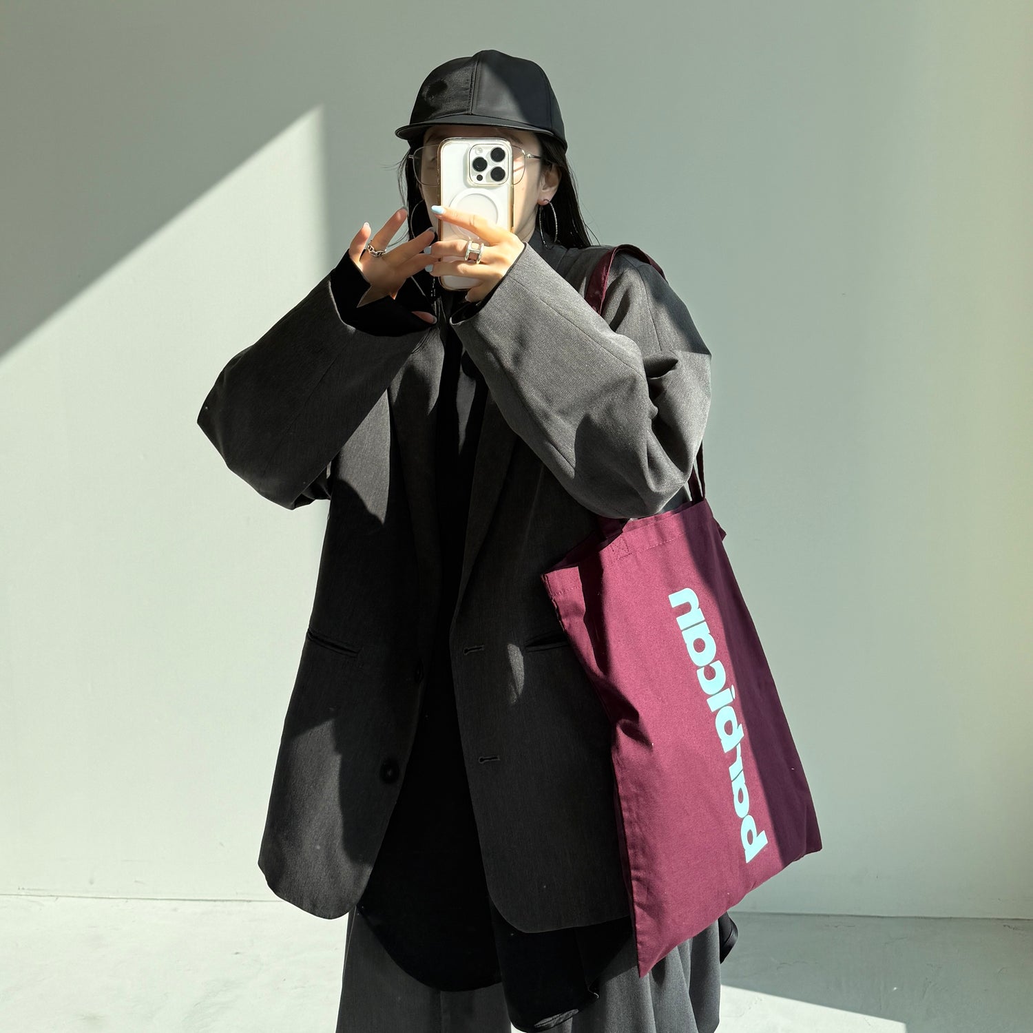 over size no collar mannish satin shirt / black