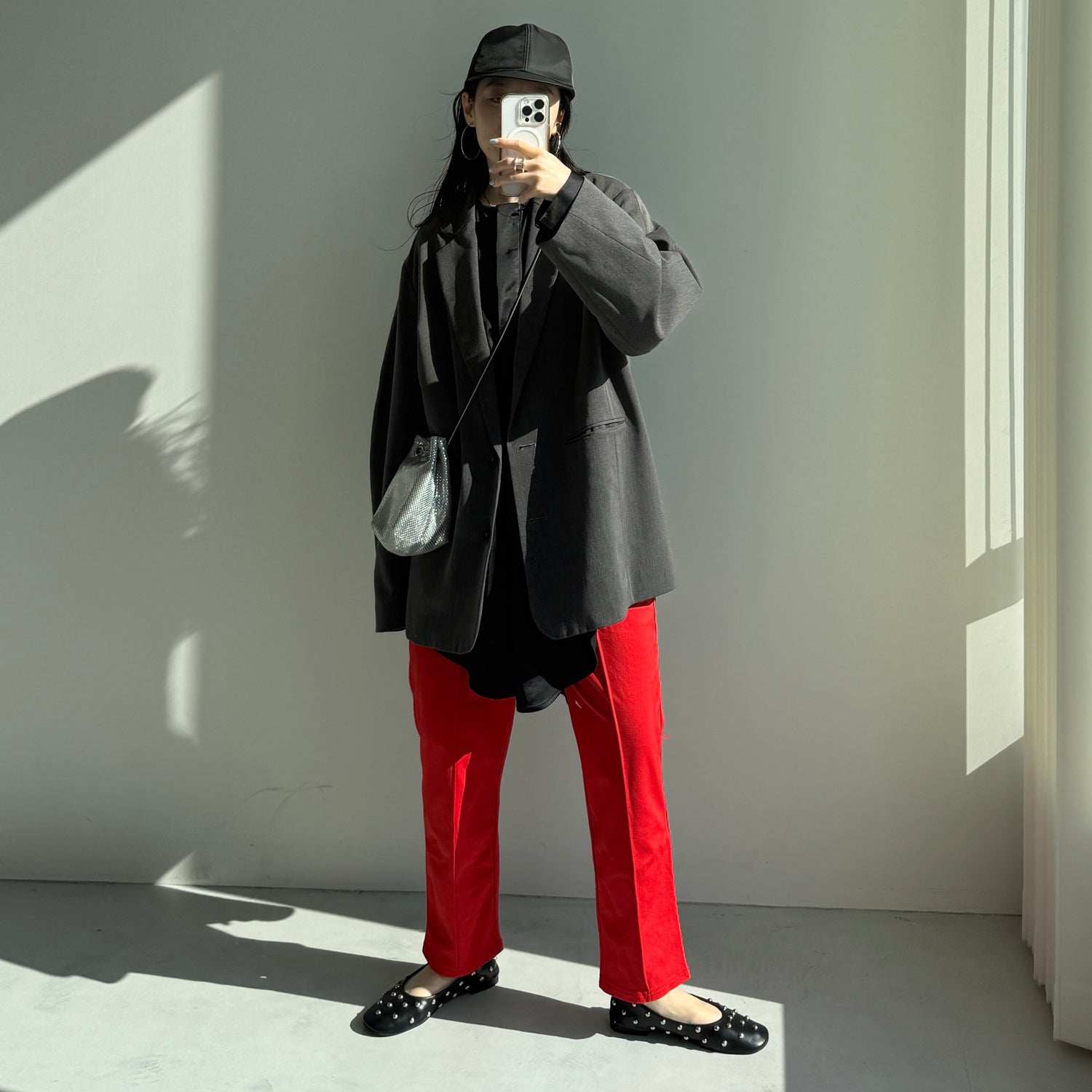 over size no collar mannish satin shirt / black