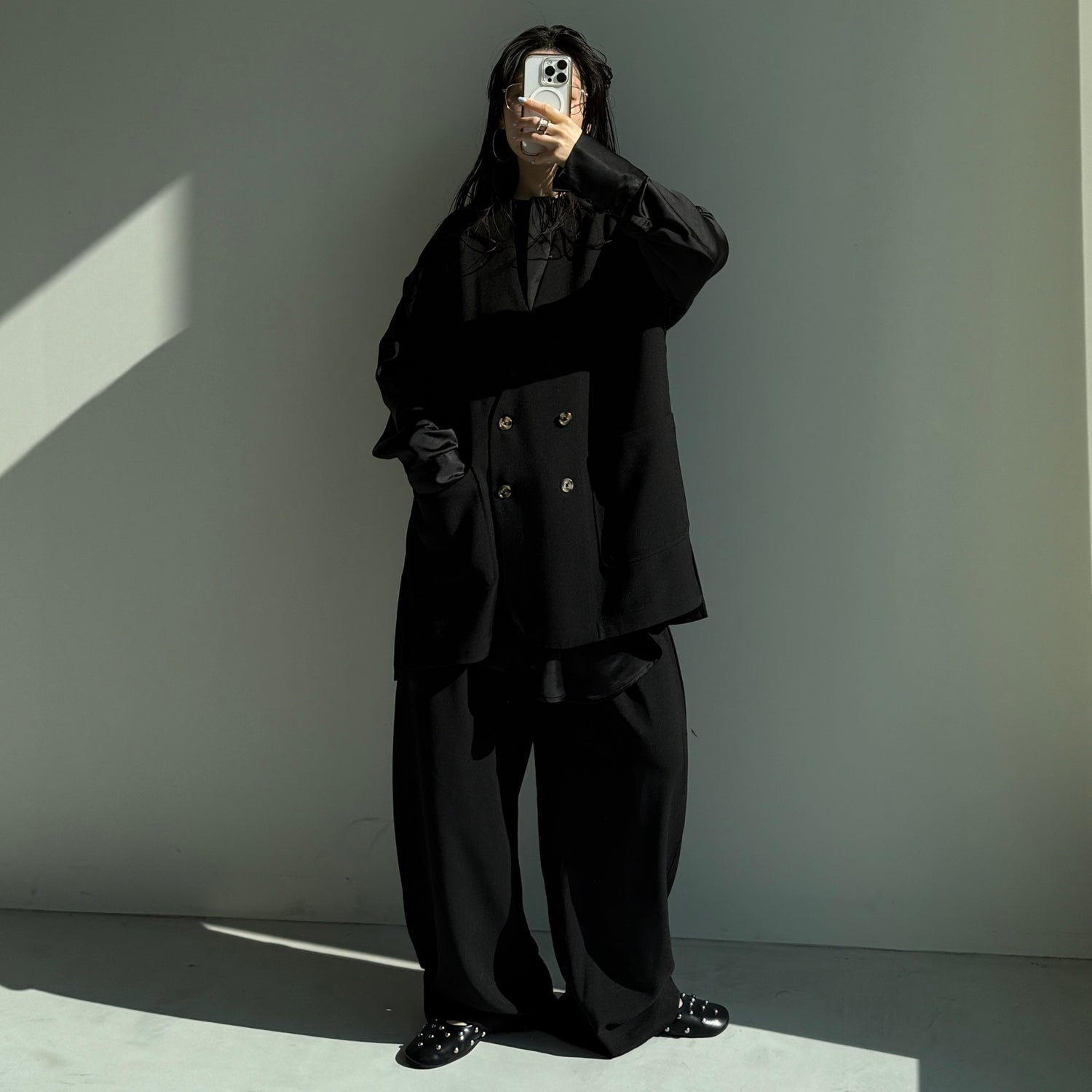 over size no collar mannish satin shirt / black