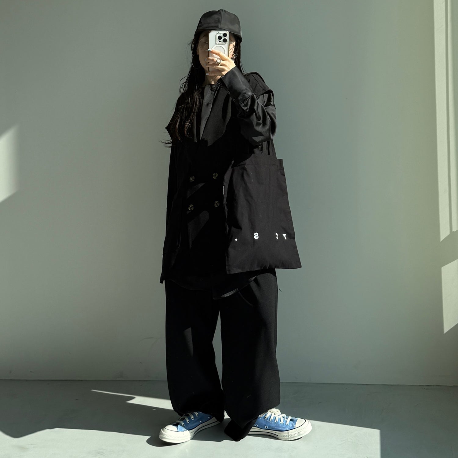 over size no collar mannish satin shirt / black