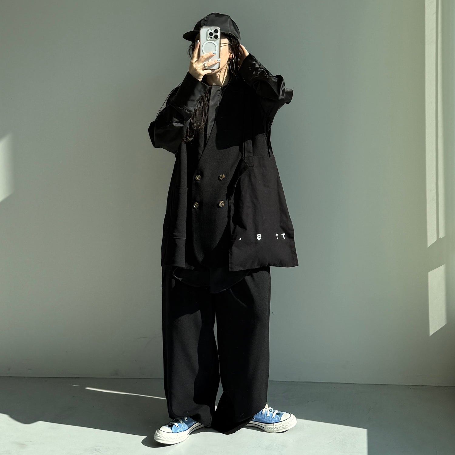 over size no collar mannish satin shirt / black