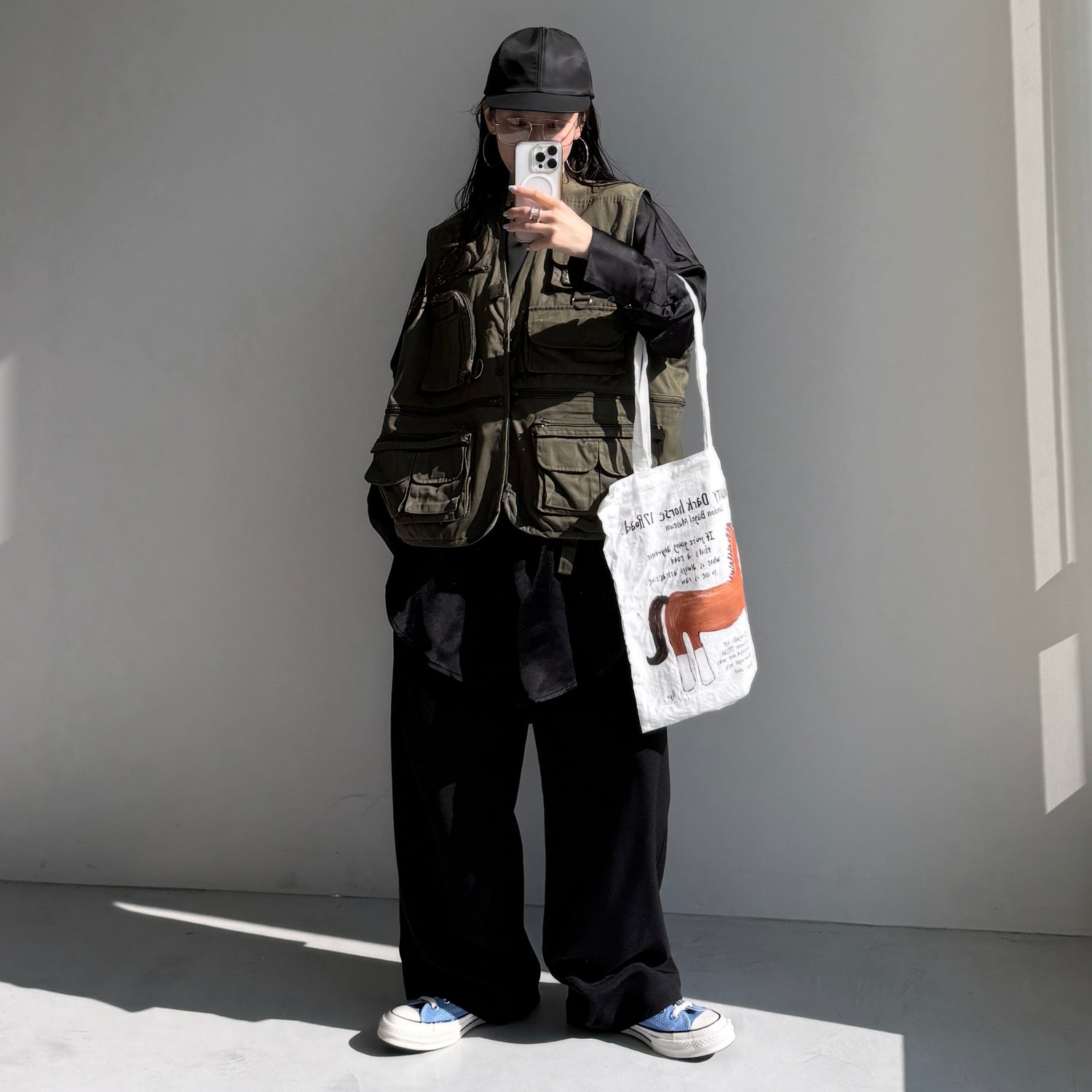 over size no collar mannish satin shirt / black