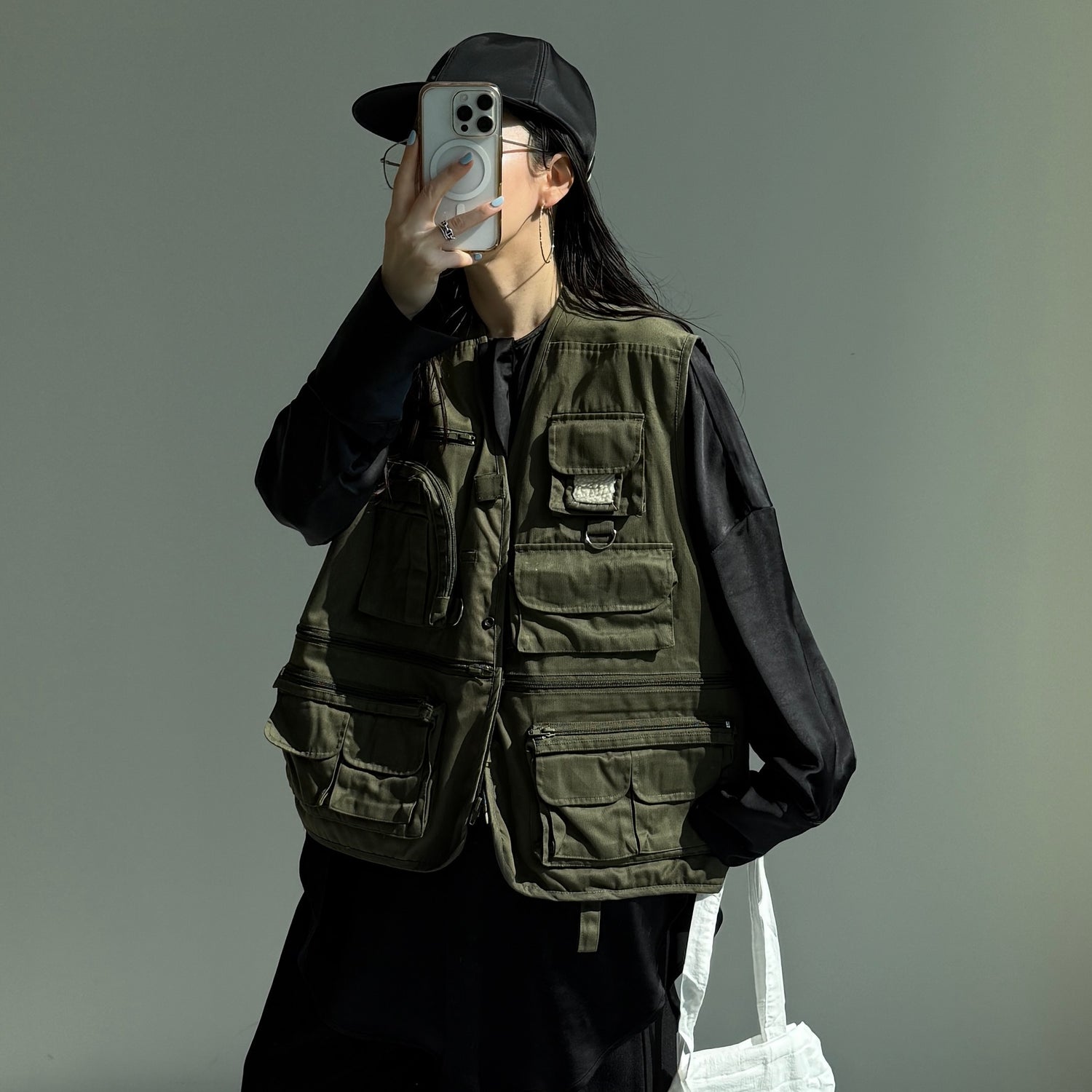 over size no collar mannish satin shirt / black