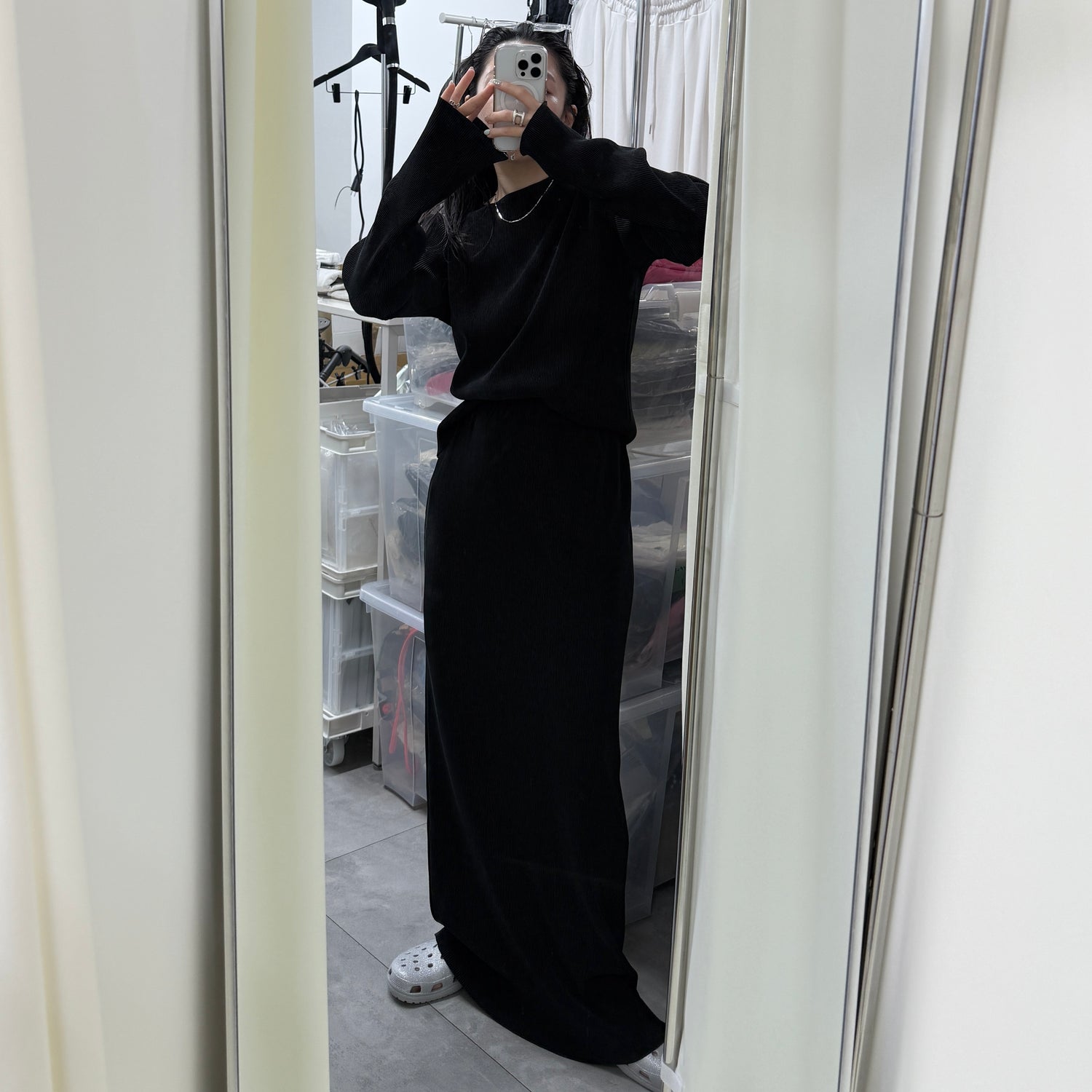daily daily super stretch pleats tops / black [プチハイ or クルーネック]