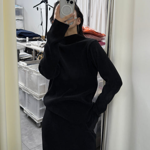 daily daily super stretch pleats tops / black [プチハイ or クルーネック]