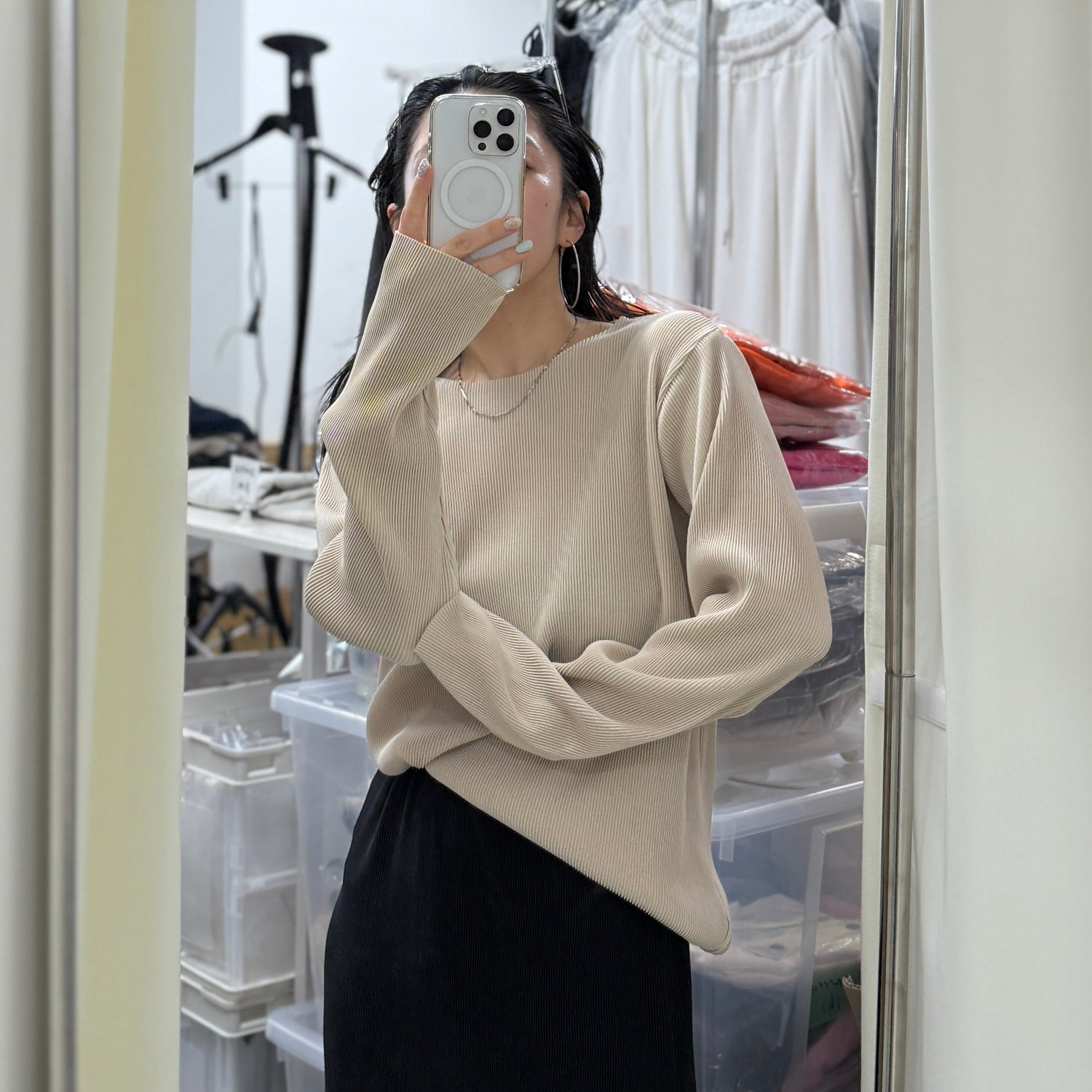 daily daily super stretch pleats tops / ivory [プチハイ or クルーネック]