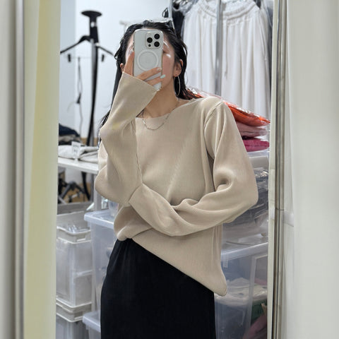 daily daily super stretch pleats tops / ivory [プチハイ or クルーネック]