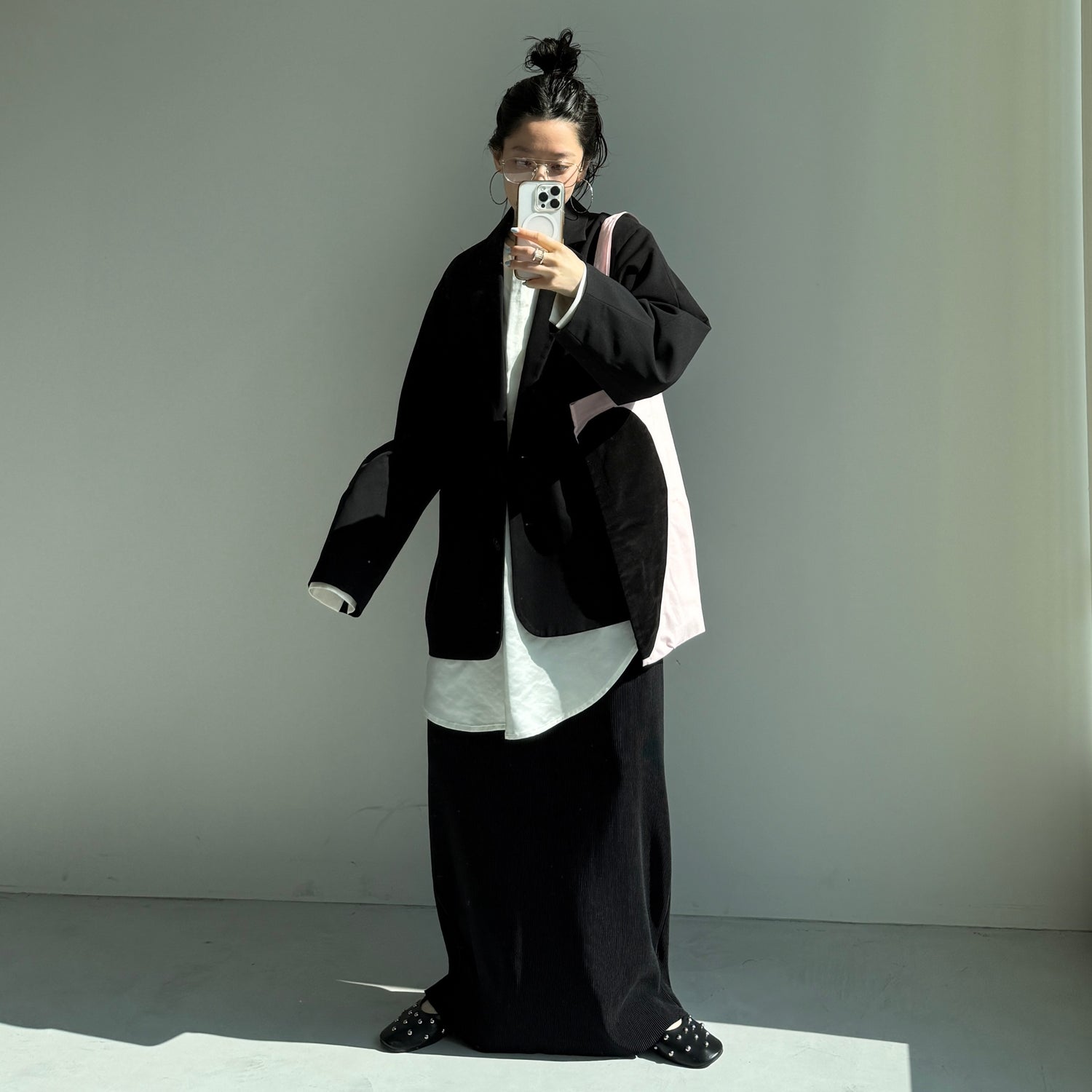 over size no collar mannish satin shirt / ivory