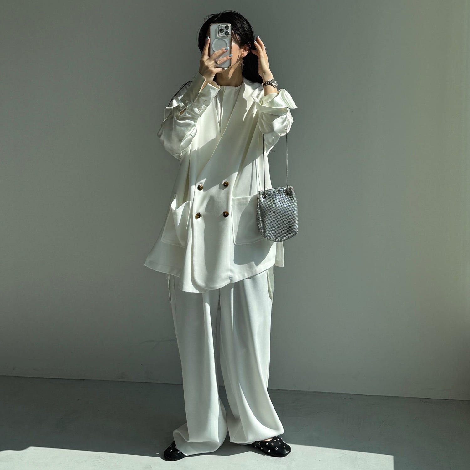 over size no collar mannish satin shirt / ivory