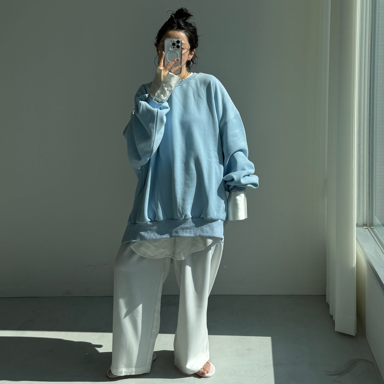 over size no collar mannish satin shirt / ivory