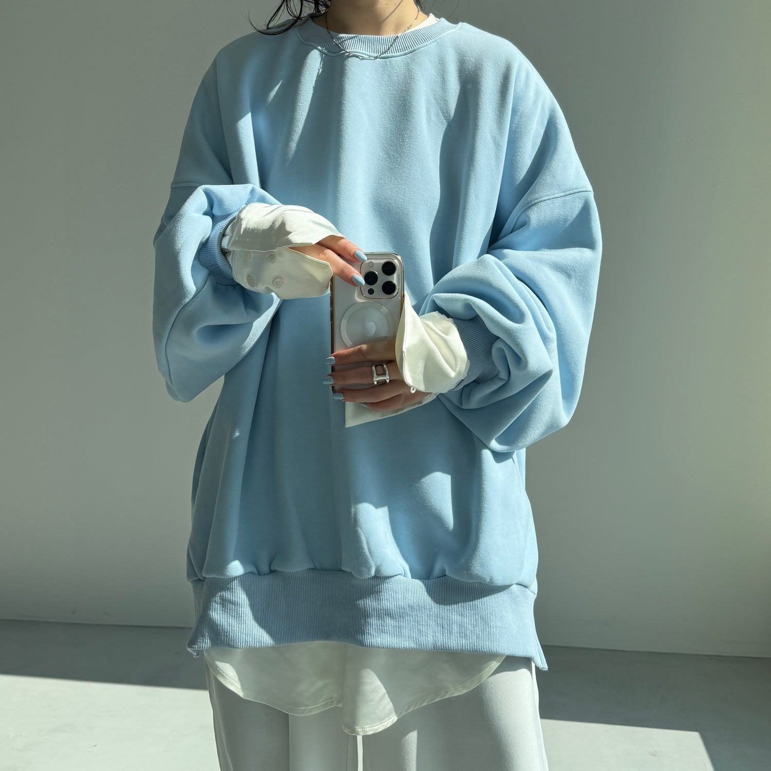 over size no collar mannish satin shirt / ivory