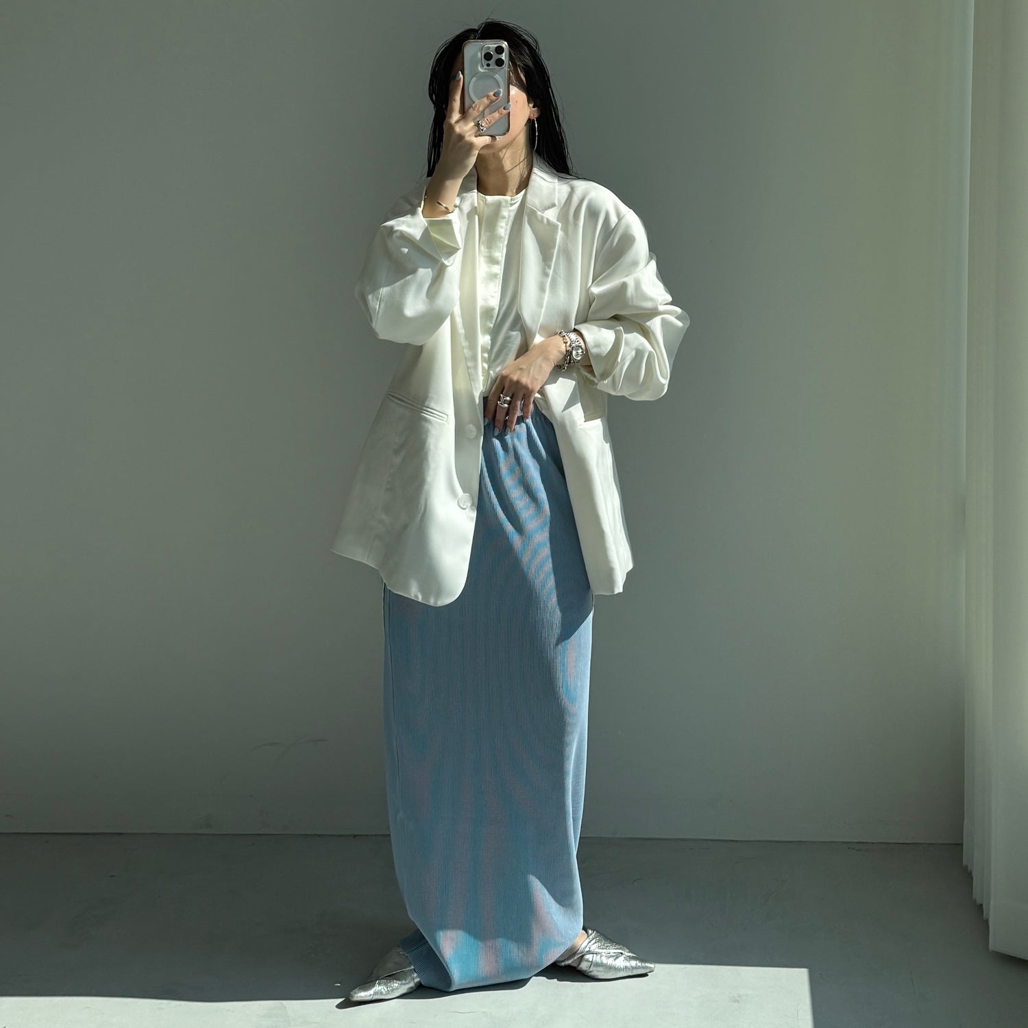 over size no collar mannish satin shirt / ivory