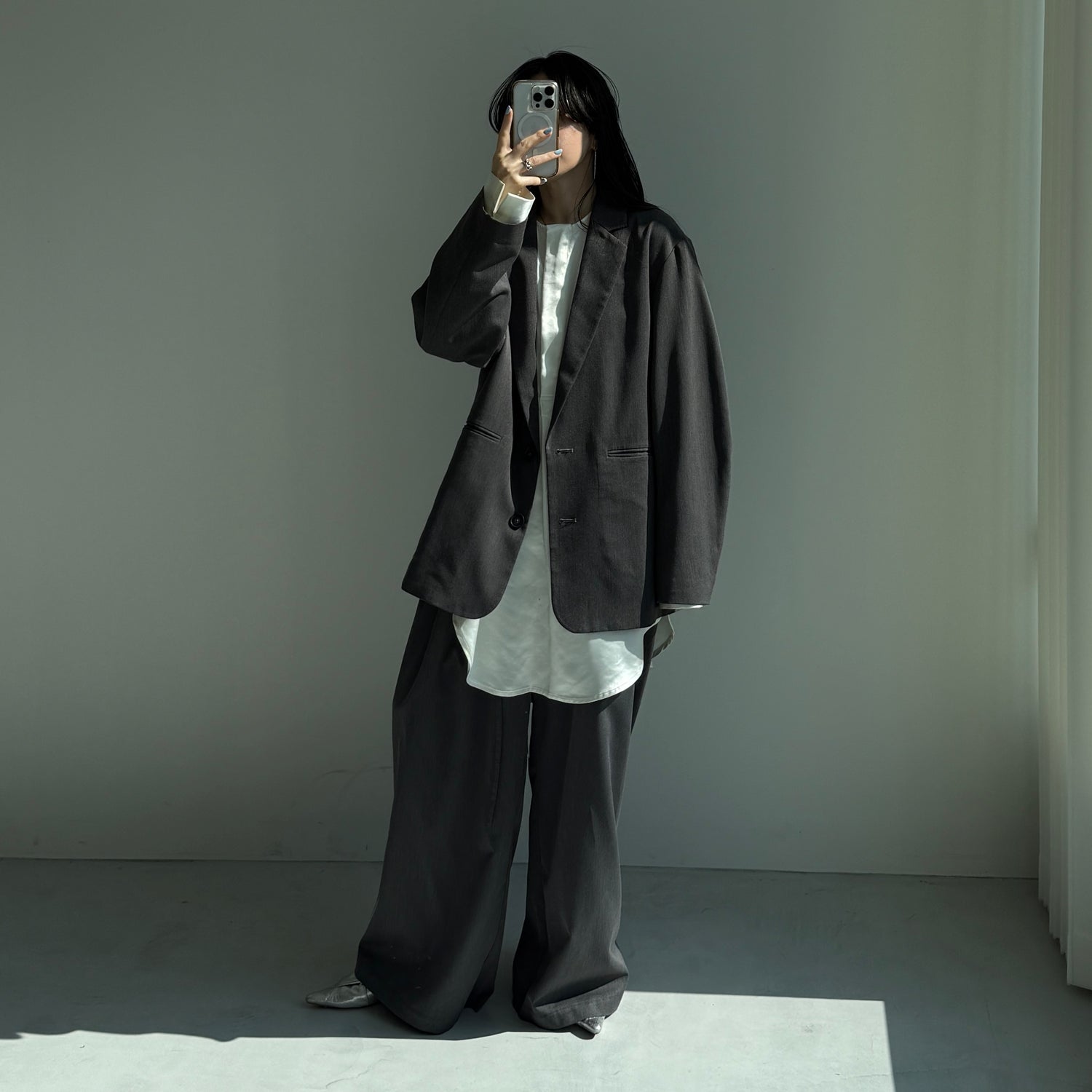 over size no collar mannish satin shirt / ivory