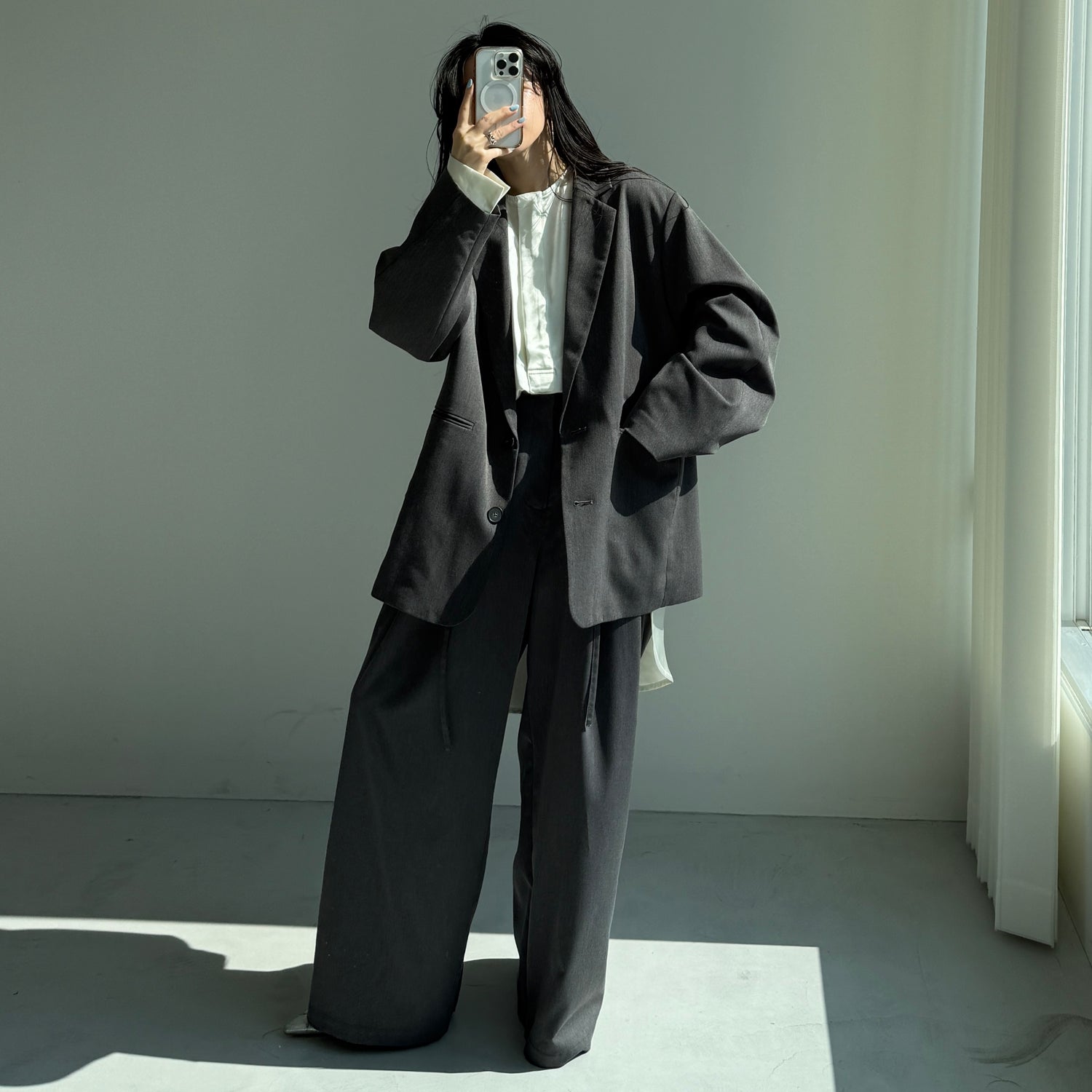 over size no collar mannish satin shirt / ivory