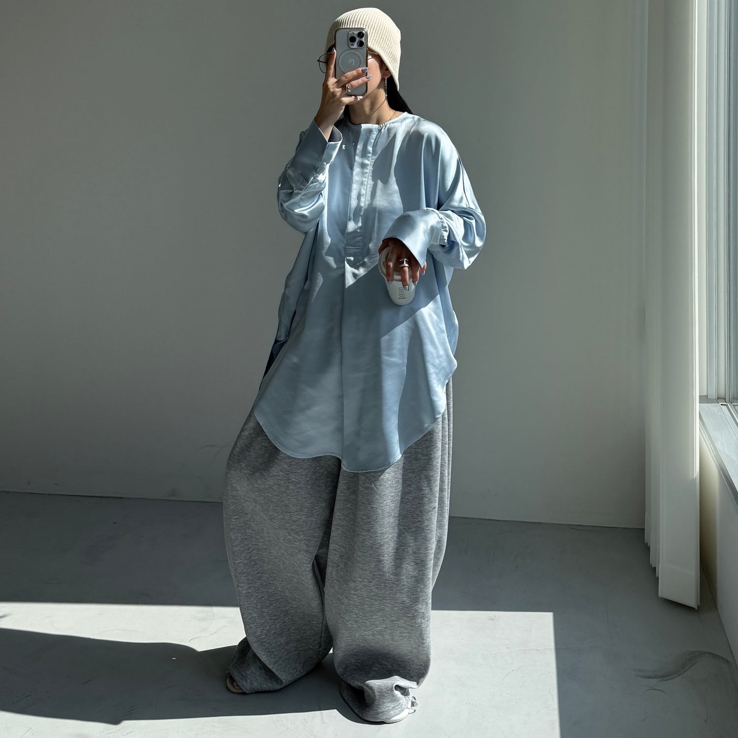 over size no collar mannish satin shirt / light blue