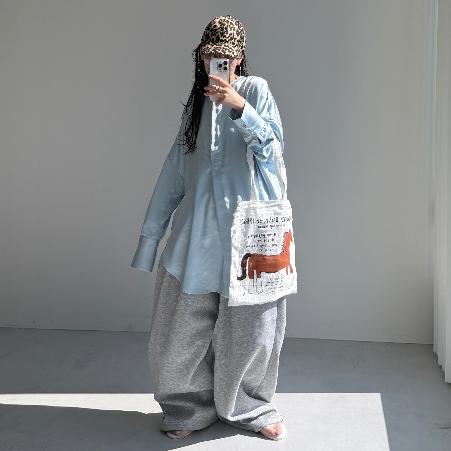 over size no collar mannish satin shirt / light blue