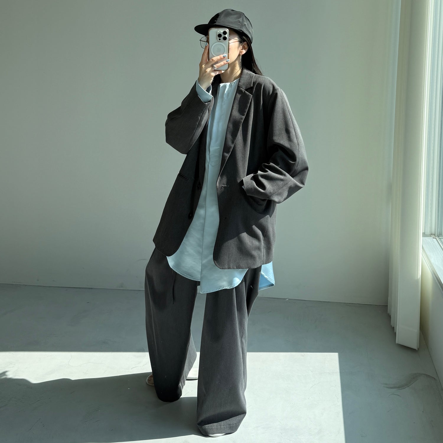 over size no collar mannish satin shirt / light blue