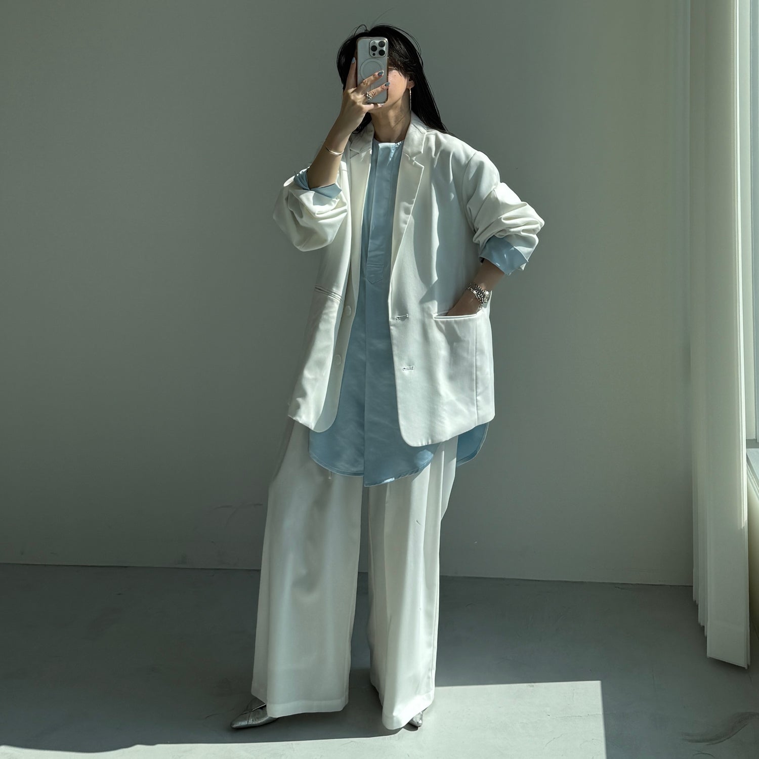 over size no collar mannish satin shirt / light blue
