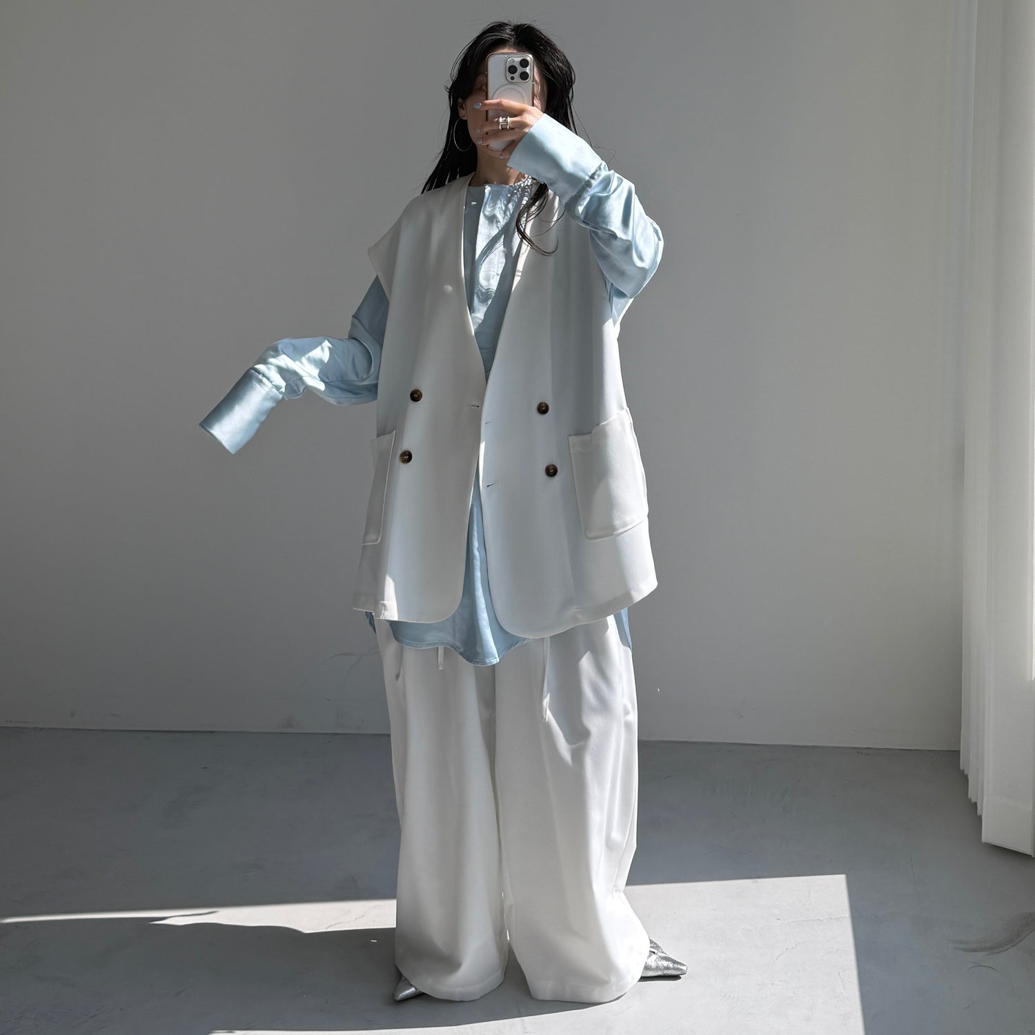 over size no collar mannish satin shirt / light blue