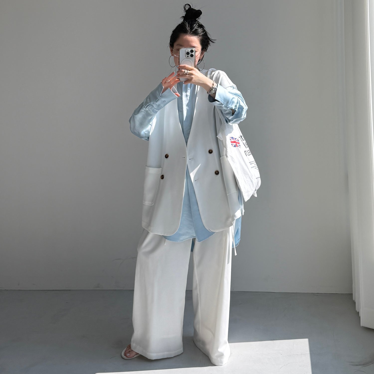 over size no collar mannish satin shirt / light blue