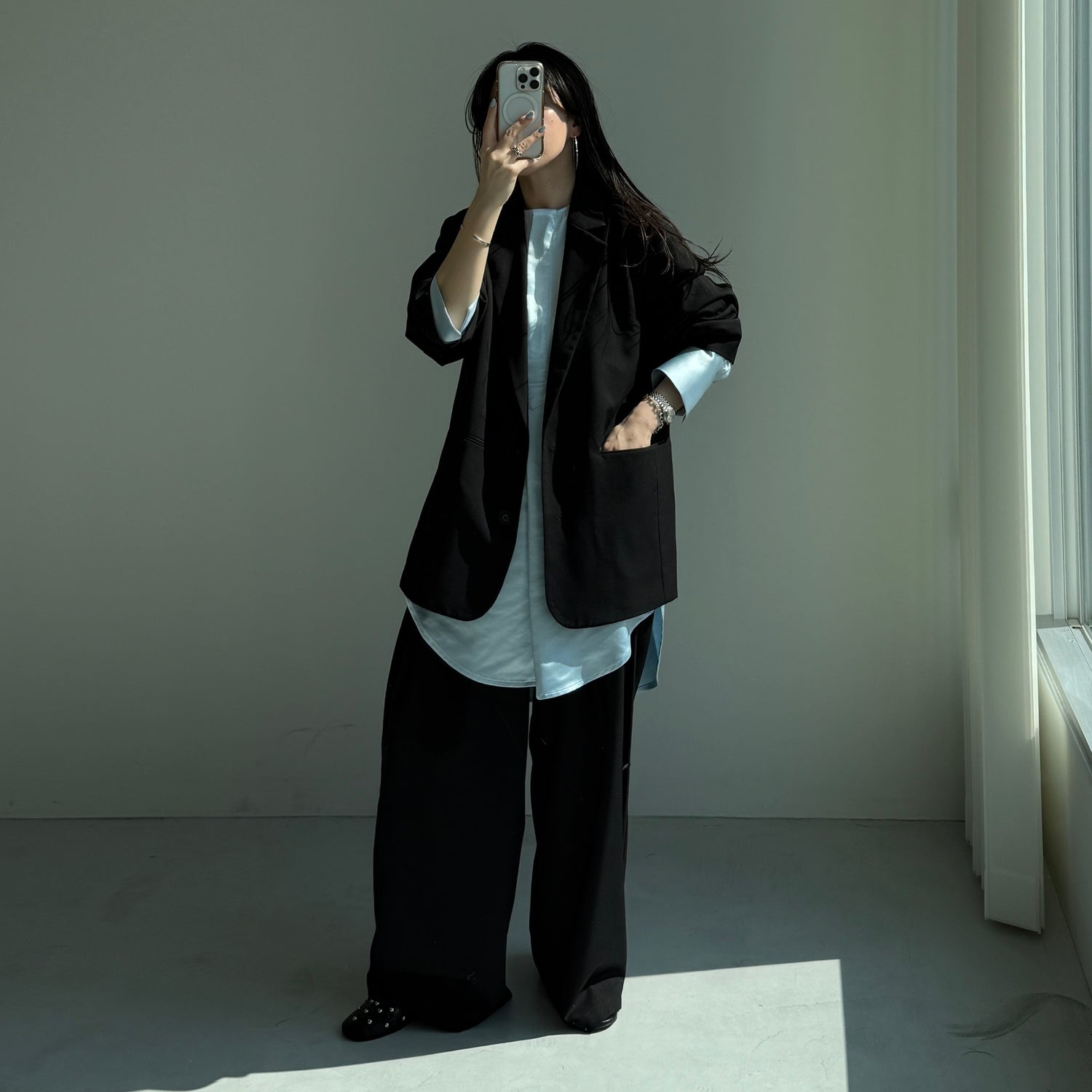 over size no collar mannish satin shirt / light blue
