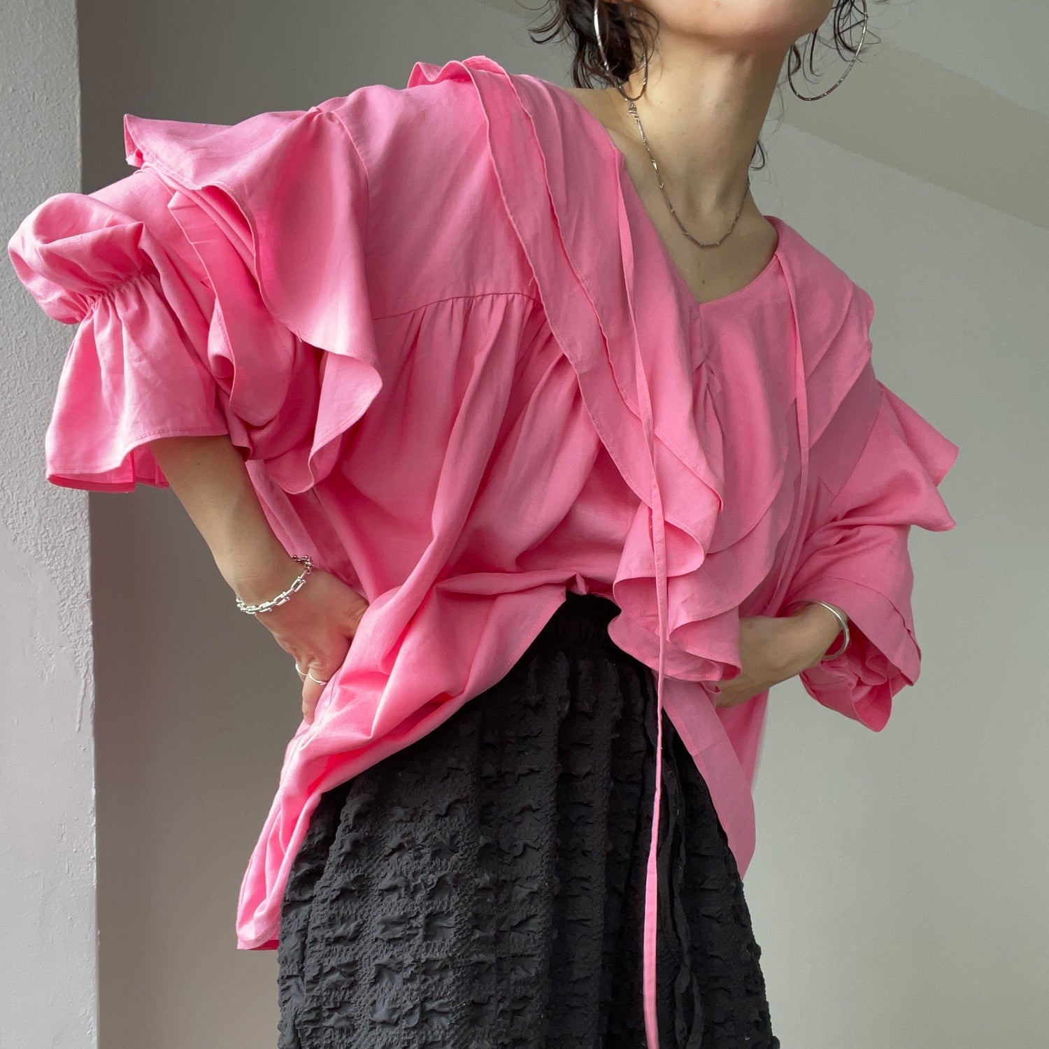 big collar frill blouse / linen pink