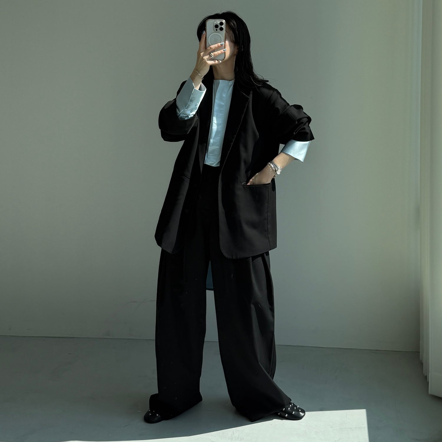 over size no collar mannish satin shirt / light blue