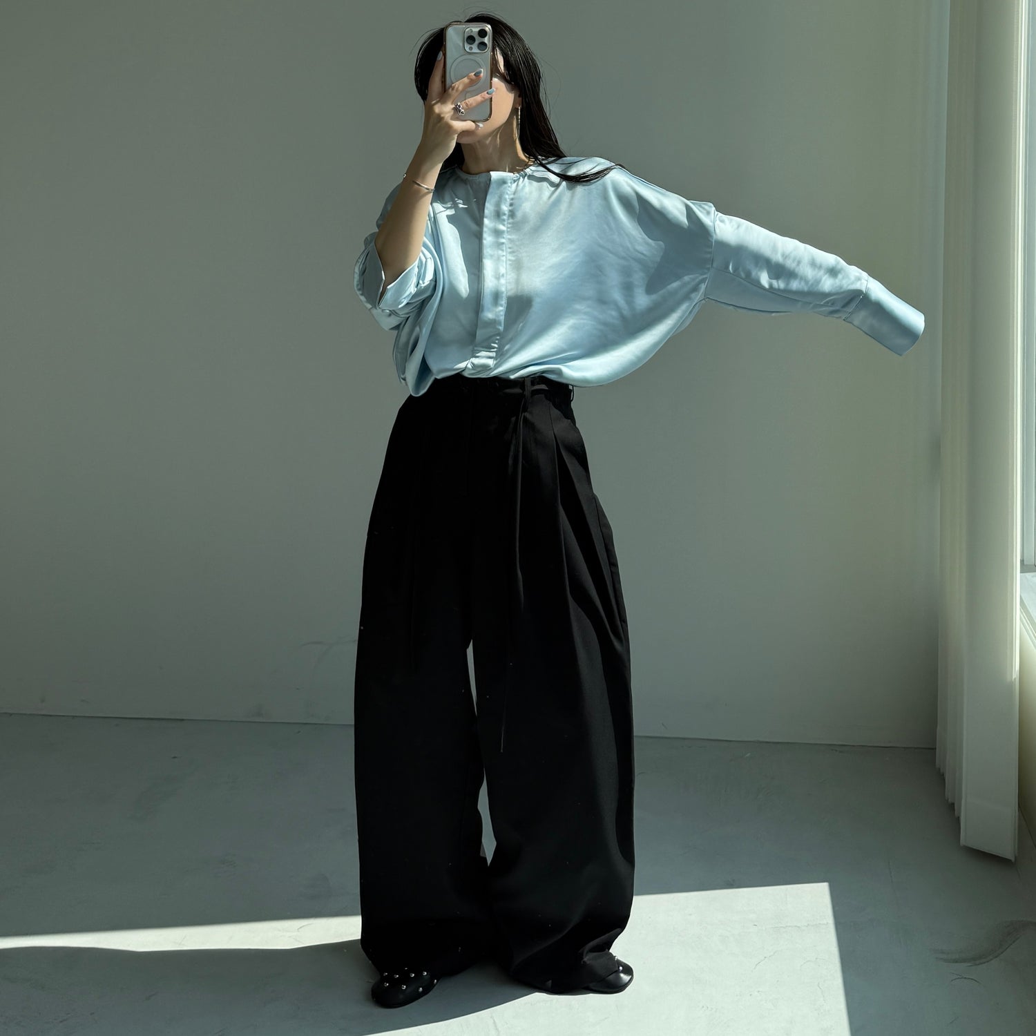 over size no collar mannish satin shirt / light blue