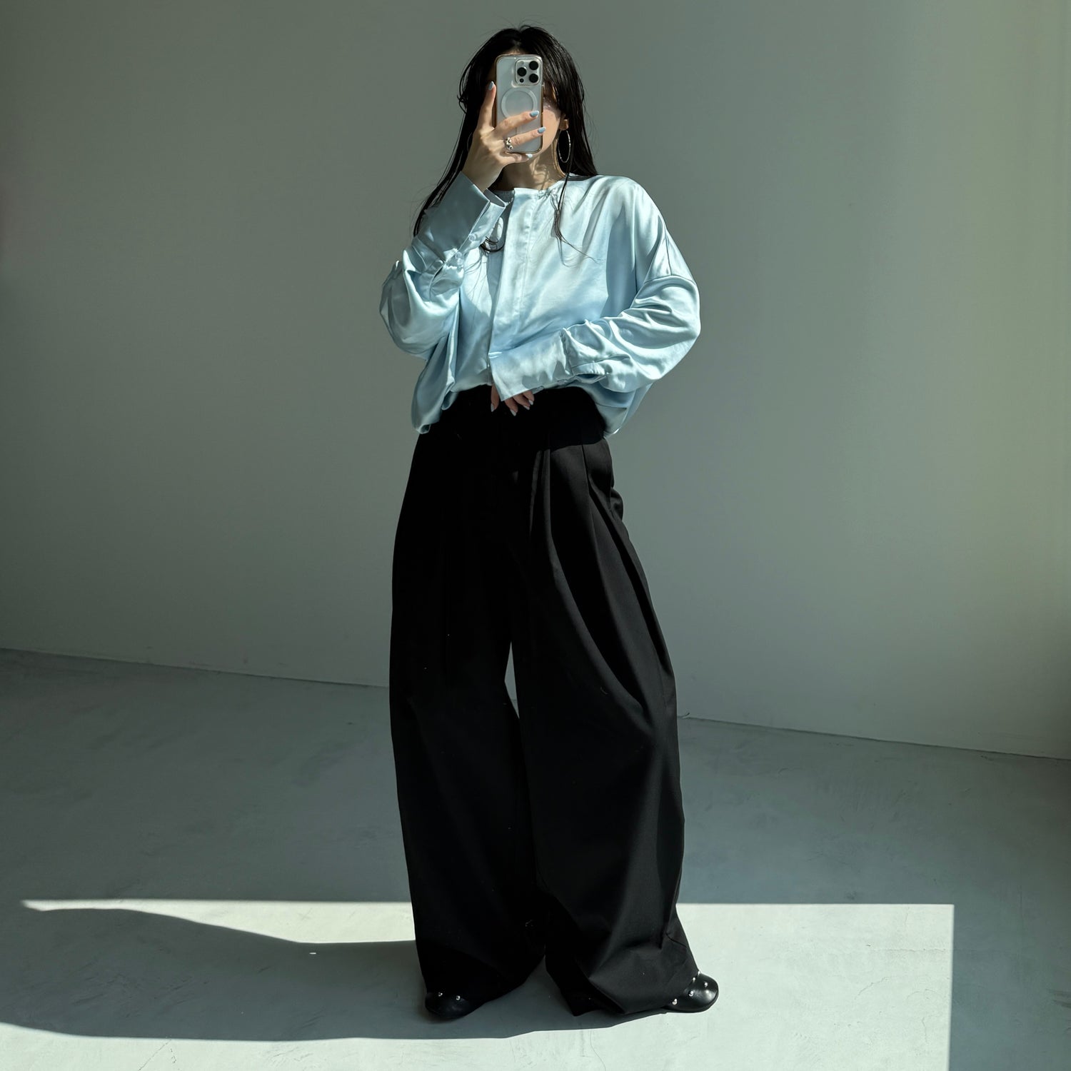 over size no collar mannish satin shirt / light blue
